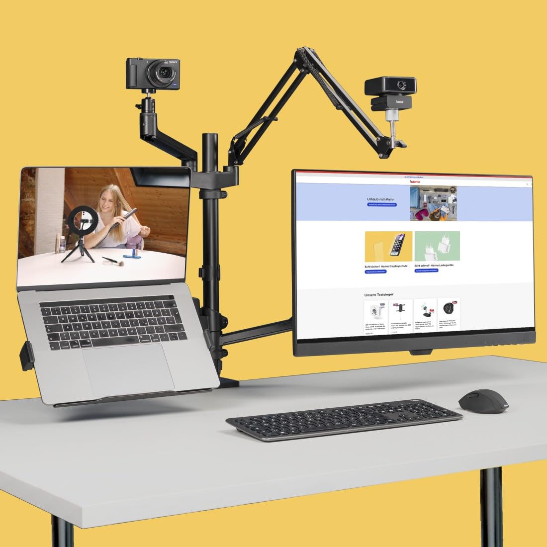 Hama Dual Monitor Mount Stand - 4 Arm Adjustable Swivel Tilt Desk Mount with Microphone Boom & Tripod Base for Streaming Setup, PC Monitors, Camera, Ring Light, Phone (Black) - Perfect for Home Office, Gaming & Live Streaming