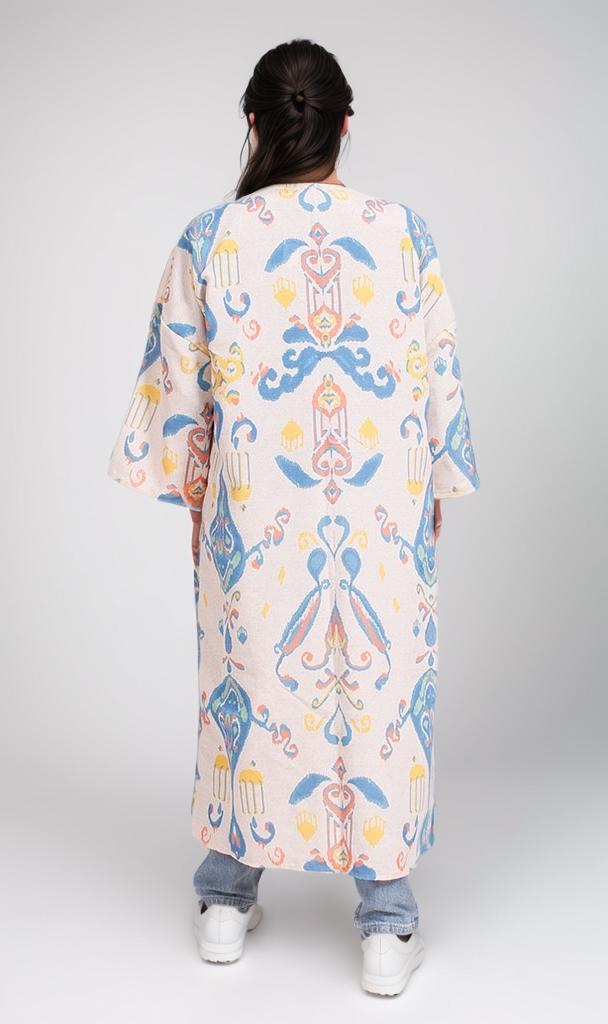 Printed Linen Kimono - Moroccan Blue & Beige Floral Robe | Lightweight Summer Cover Up for Women | Beach, Pool, Yoga & Lounge Wear