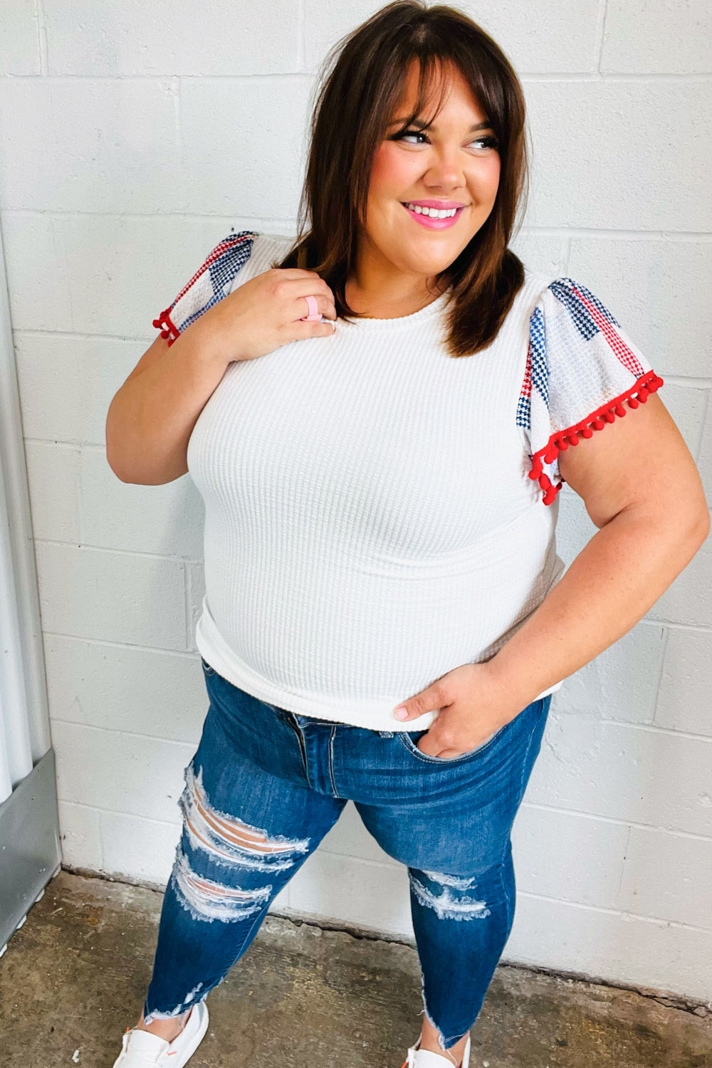 Patriotic Pom Pom Lace Flutter Sleeve Top - Women's Red White Blue Ruffled Blouse for 4th of July, Independence Day & Summer Parties