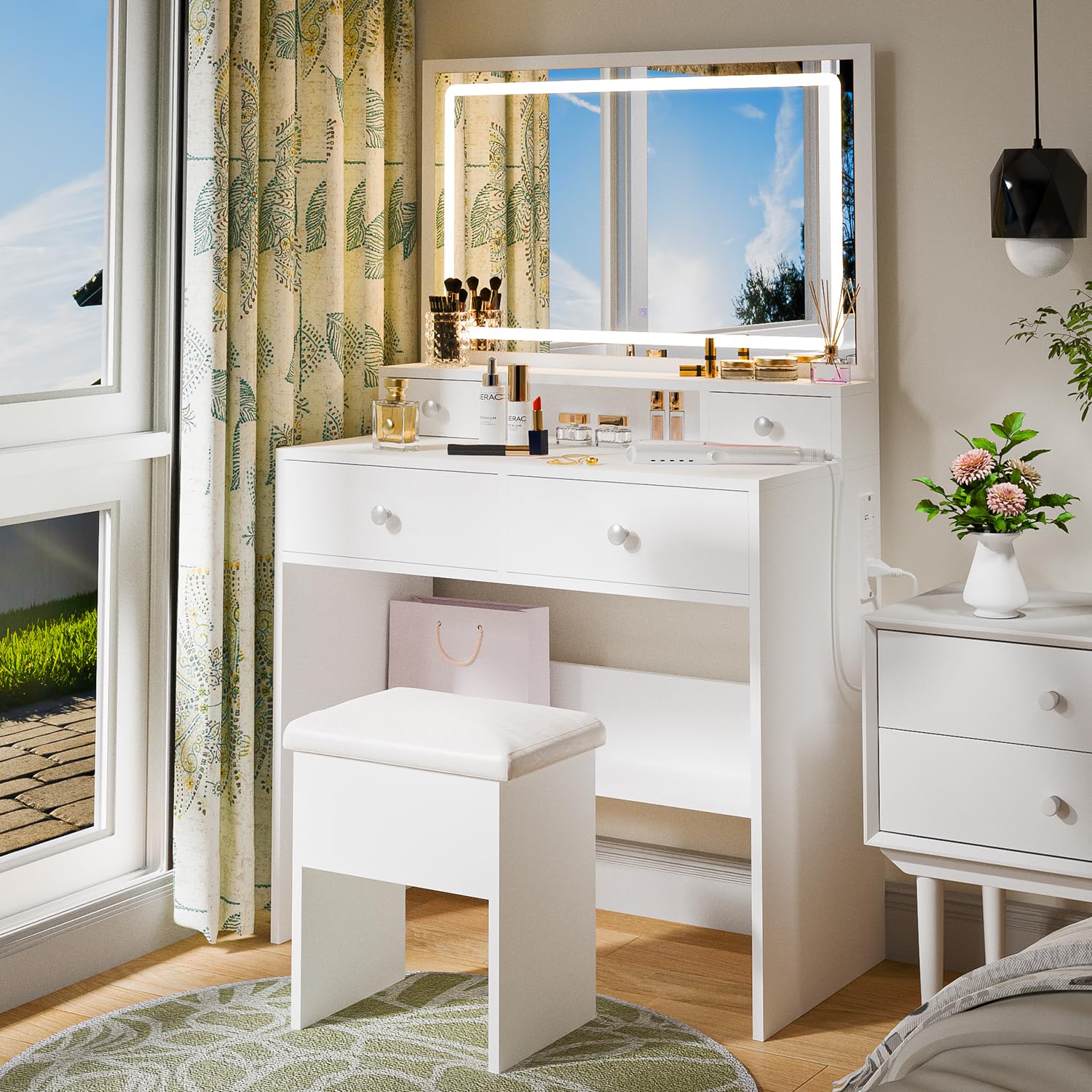 Haewon Makeup Vanity Desk with LED Lights & Mirror, 4-Drawer Dressing Table with USB Charging Station & Storage Stool - Perfect for Bedroom, Salon & Beauty Studio Makeup Organization