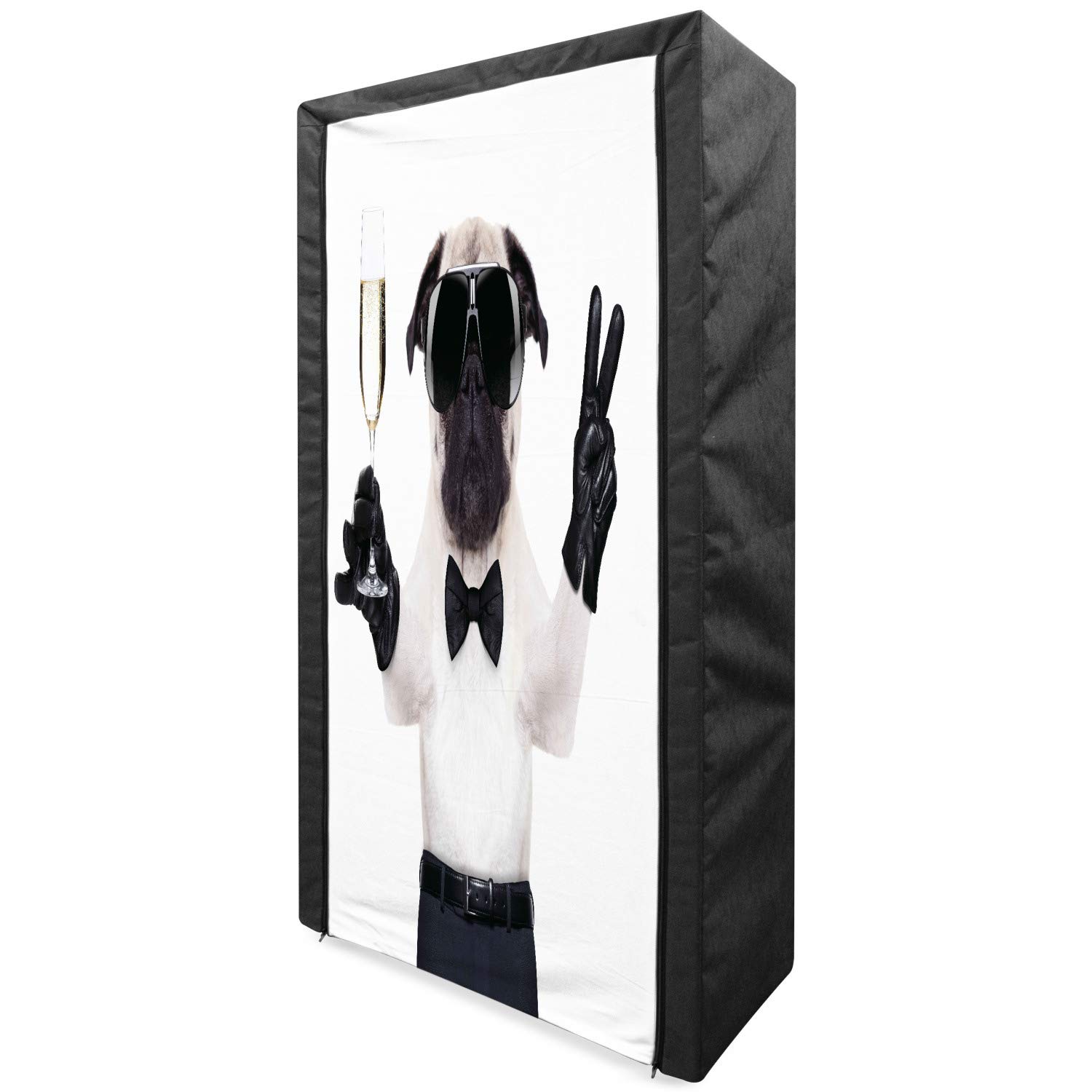 Ambesonne Pug Portable Fabric Wardrobe - Dog Celebration Animal Print with Champagne Glass & Peace Sign | 33.5 Inch Clothing Organizer & Storage Closet with Shelves | Black White Cream Pattern | Perfect for Bedroom, Dorm, or Travel Use