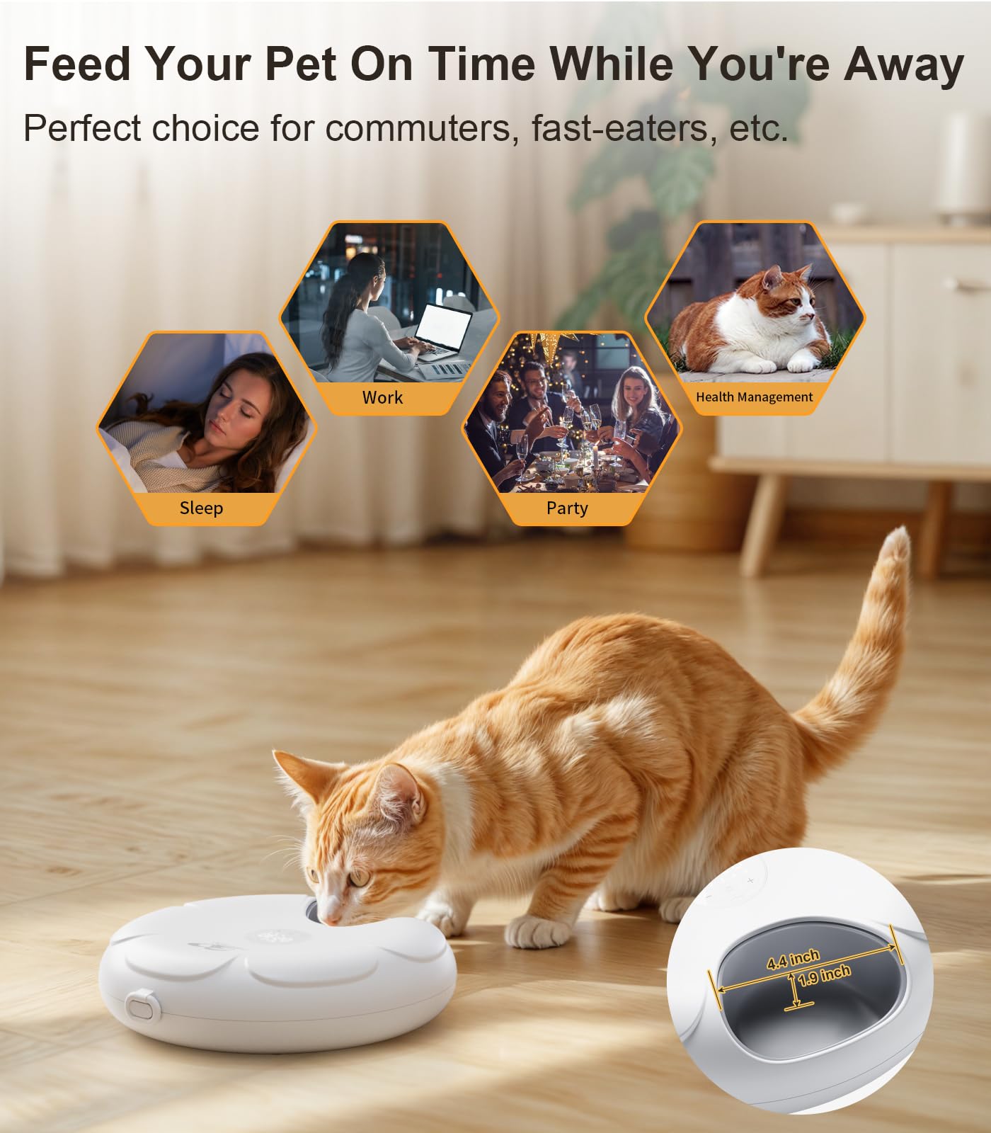 Casfuy Automatic Cat Feeder Cordless - Rechargeable Programmable Pet Food Dispenser with Stainless Steel Bowl for Cats & Small Dogs | Wet/Dry Food Timer Feeder with Low Battery Alert | Perfect for Home, Office & Travel Use