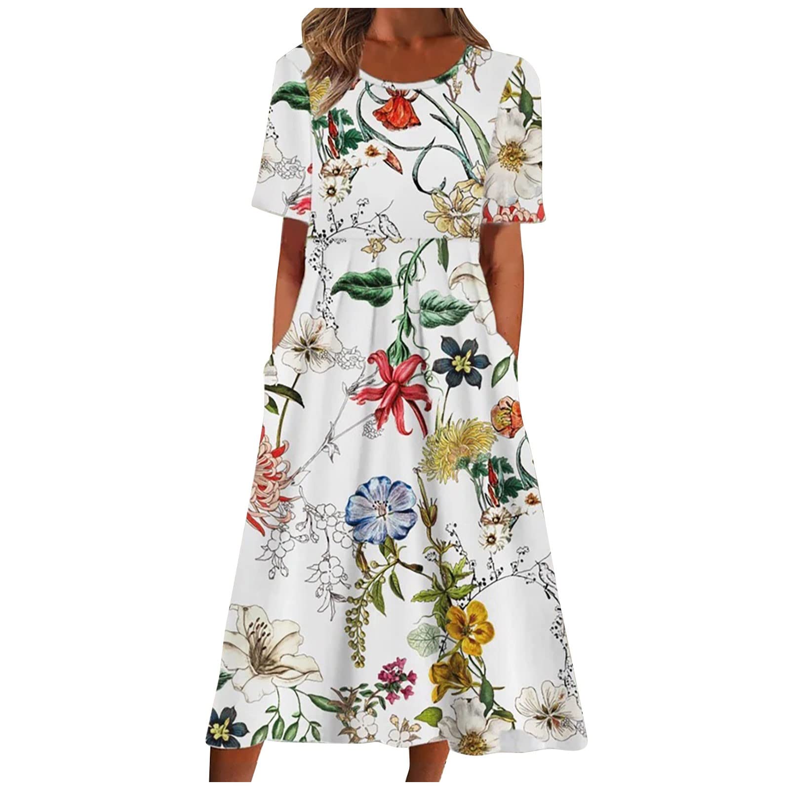 Women's Casual Cocktail Dress Summer 2022 - Short Sleeve O-Neck Pocket Party Dress with Round Neck | Perfect for Summer Parties, Weddings & Cocktail Events