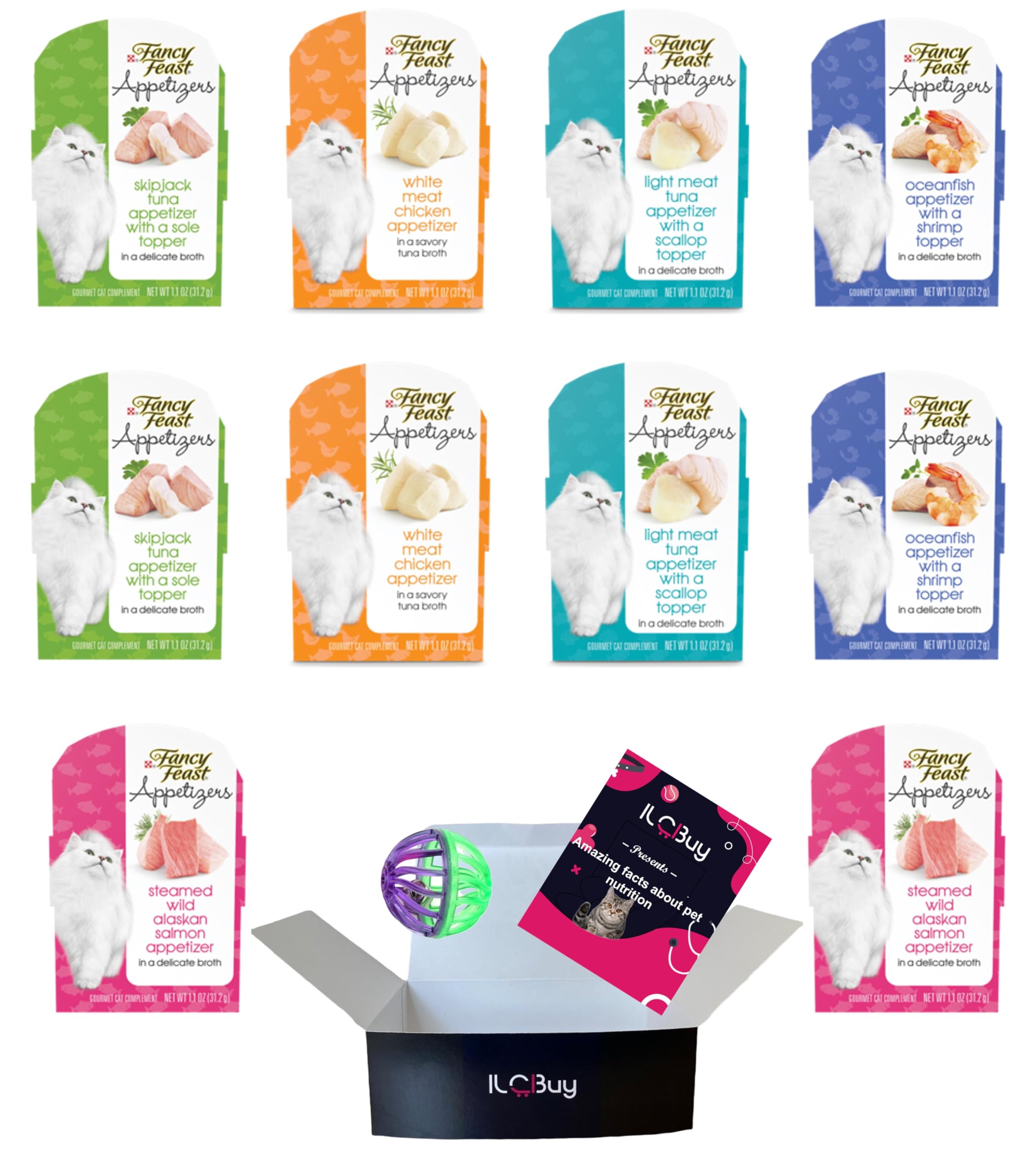 Fancy Feast Gourmet Cat Food Variety Pack - 10 Cans (2 Each: Salmon, Tuna, Chicken, Oceanfish & Skipjack Tuna) 1.1oz + Free Cat Toy Ball & Guidebook - Perfect for Mealtime Enrichment & Picky Eaters