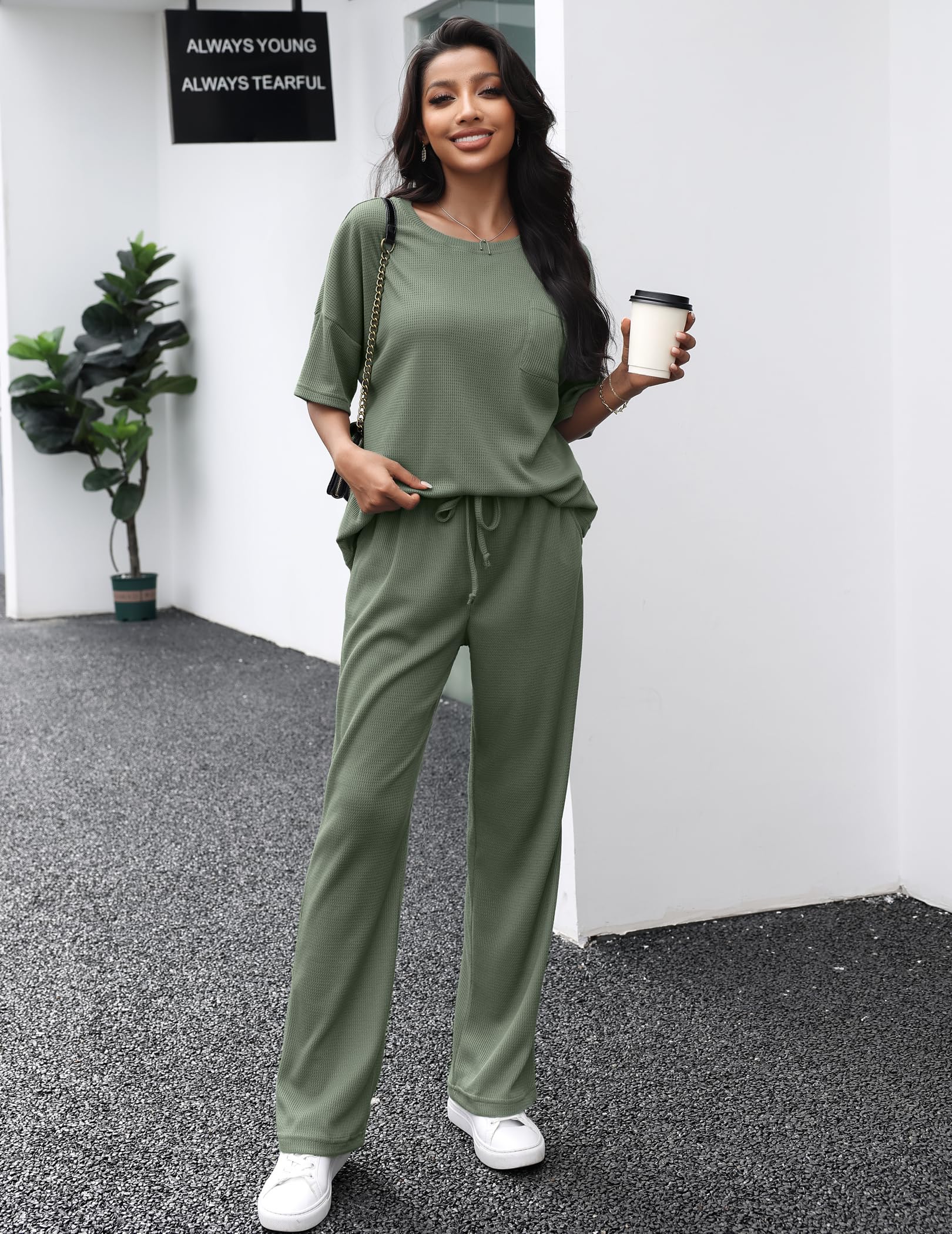 JiniGolla Women's Waffle Knit Pajama Set - Soft Short Sleeve Sleep Shirt & Long Pajama Pants - Cozy Lounge Wear for Sleepovers, Relaxing at Home & Nighttime Comfort