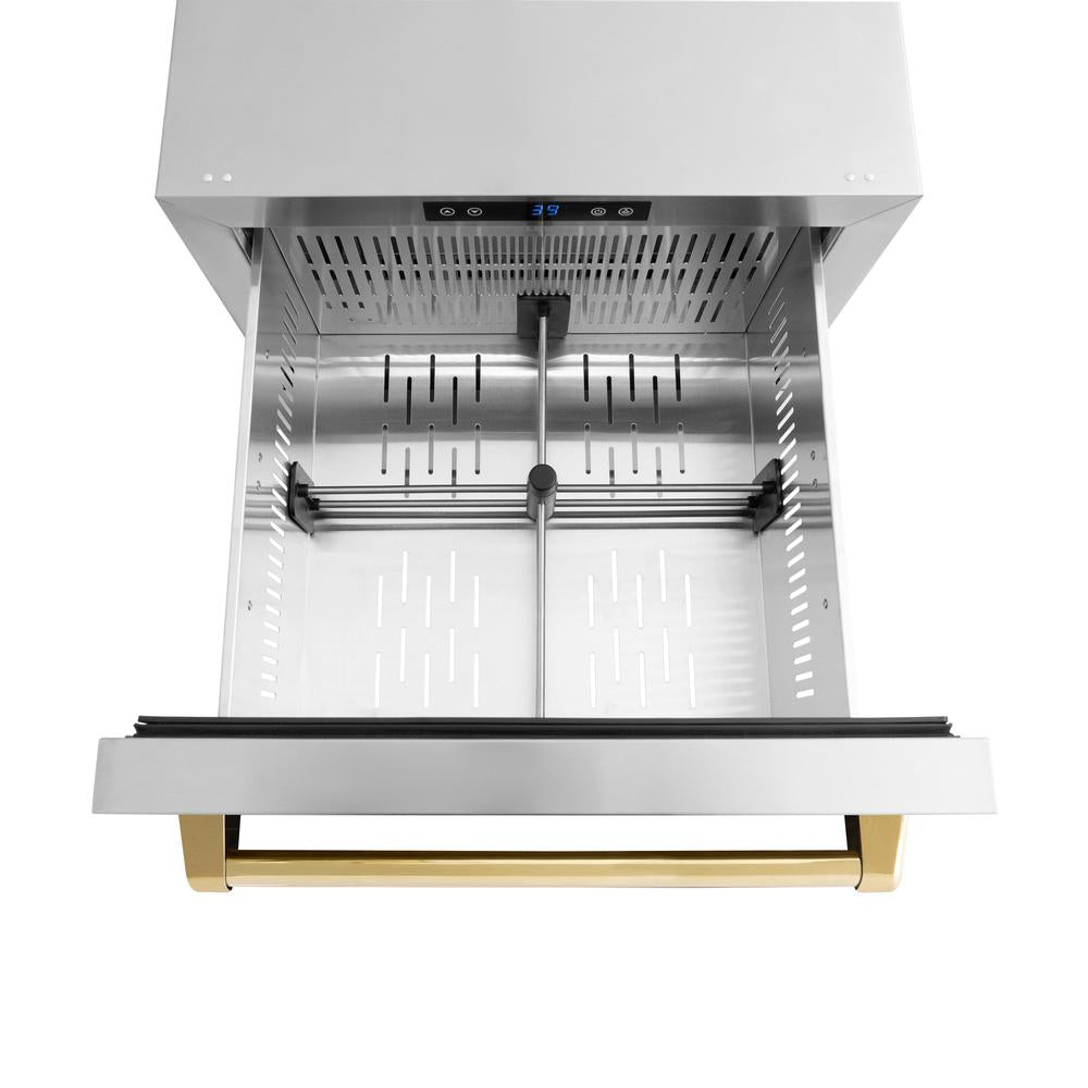ZLINE Autograph Edition 24 Inch Stainless Steel Outdoor Refrigerator Drawer - Dual Zone 168 Can Capacity with Polished Gold Handles (RDSOZ ST 24 G) - Perfect for Outdoor Kitchens, Patios, and Entertaining Areas