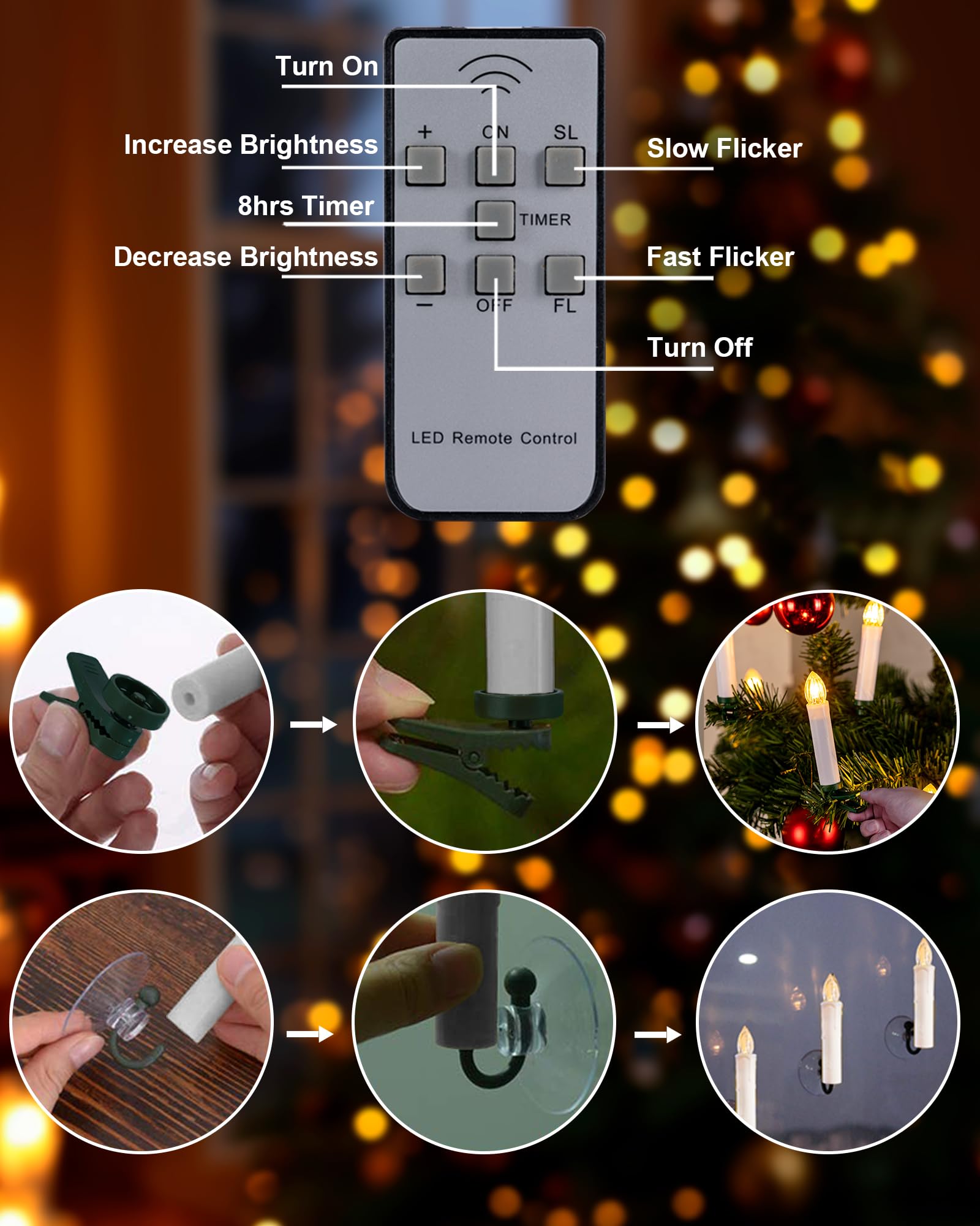 Homemory 10 Pack Clip On LED Candles for Christmas Tree - Remote Control & Timer, Flickering Warm White Window Candles with Clips/Suction Cups (0.7