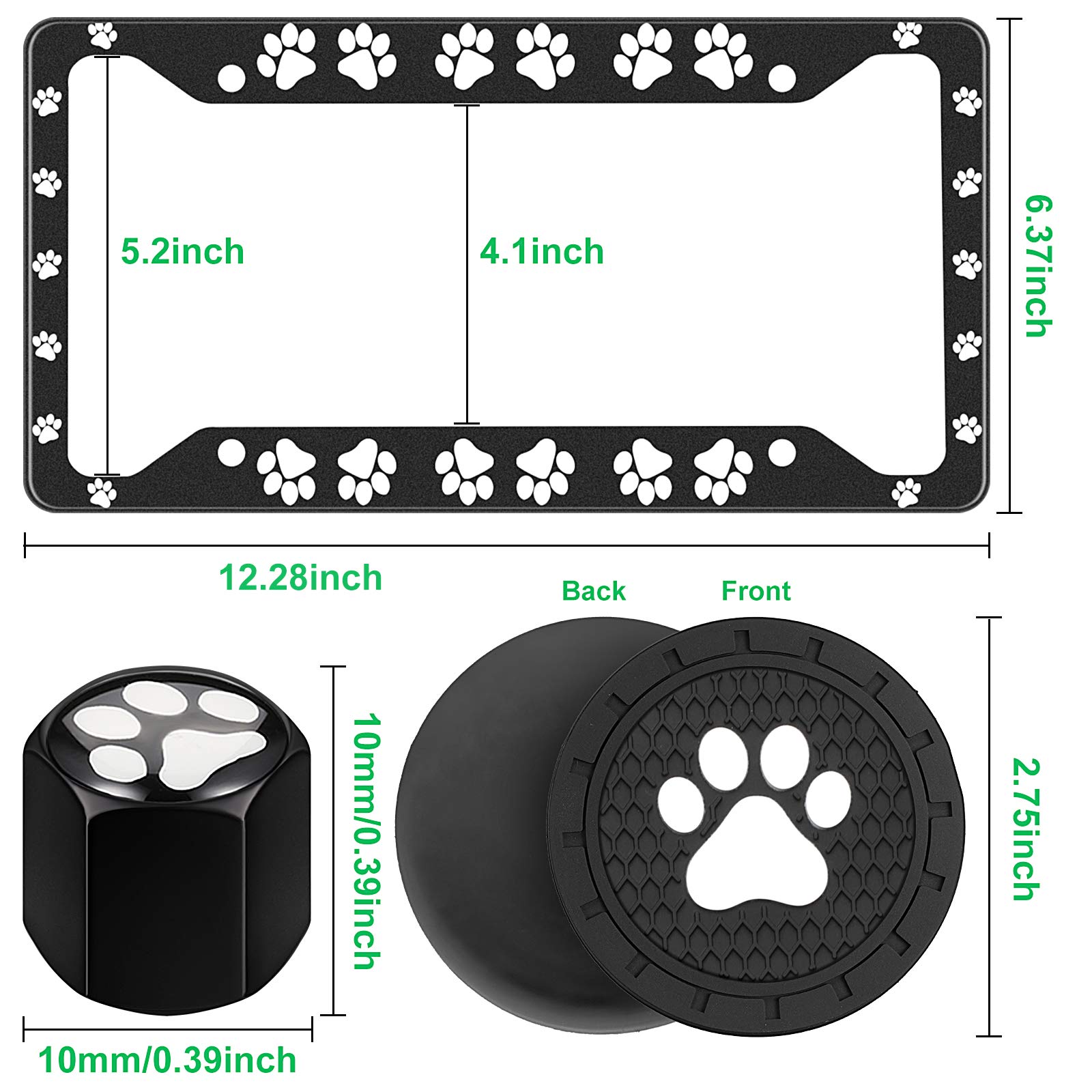 2 Pack Dog Paw Print License Plate Frames - Aluminum Alloy Car Plate Covers with 4 Valve Stem Caps & 2 Paw Mats - Perfect for Pet Lovers' Vehicles, Custom Car Accessories, and Unique Gift Ideas