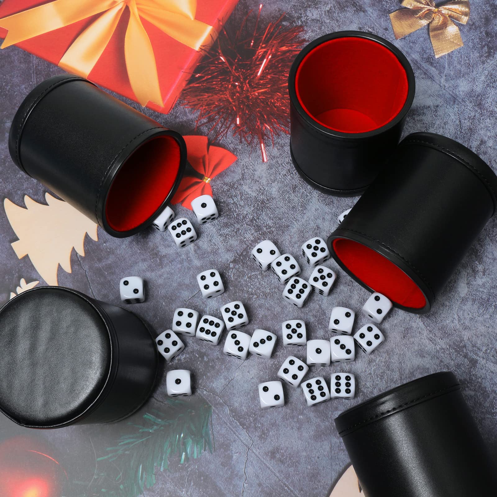 Premium Leatherette Dice Cup Set - 5 Pack with 6 Red Felt-Lined Dot Dices for Yahtzee, Farkle & Bar Party Games | Perfect for Family Game Nights, Casino Parties & Tabletop Gaming