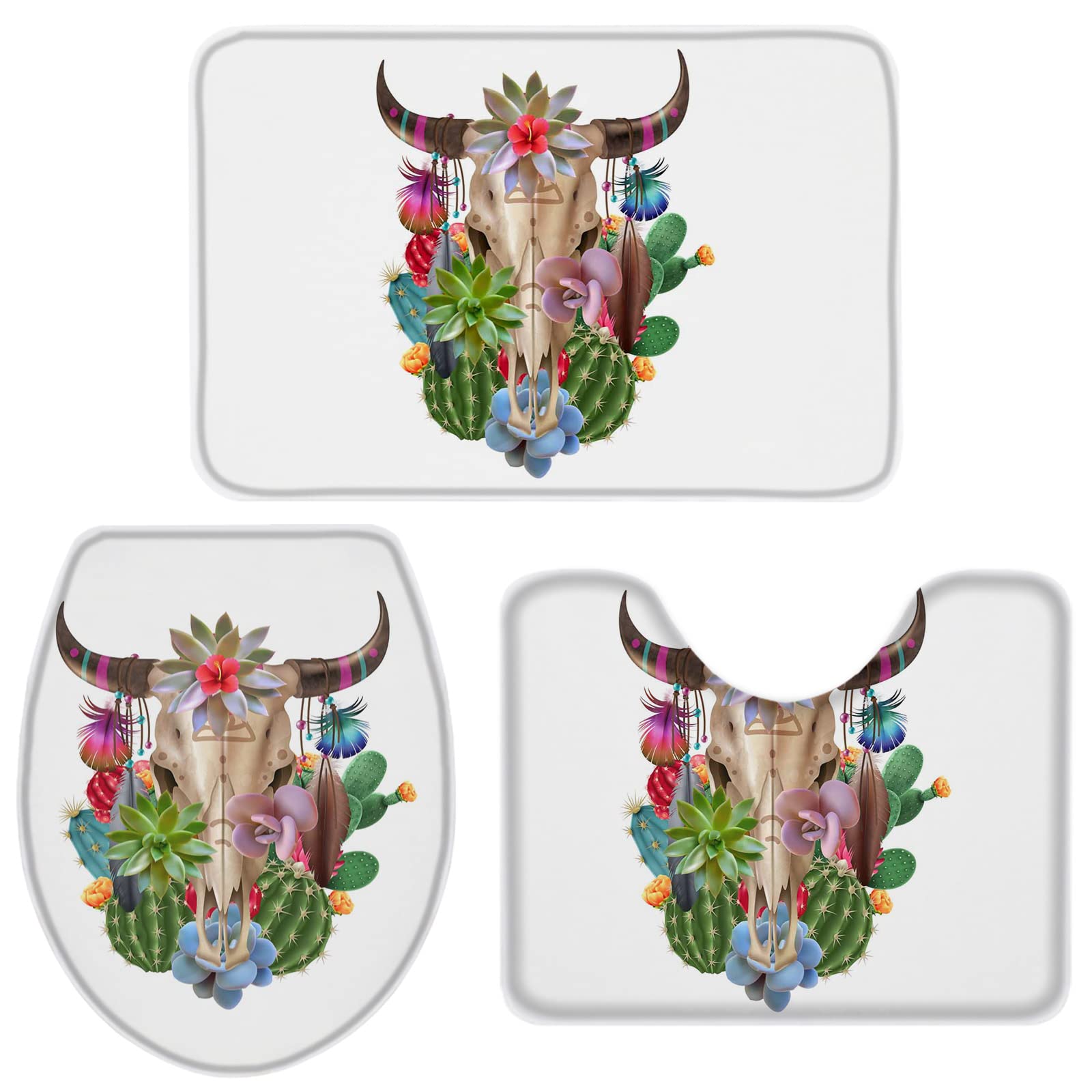 3-Piece Cow Skull Bathroom Rug Set - Ultra Soft Absorbent U-Shaped Contour Mat & Toilet Lid Cover - Southwestern Watercolor Cactus Design for Bathroom, Tub & Shower - Perfect for Western Home Decor & Guest Bathrooms