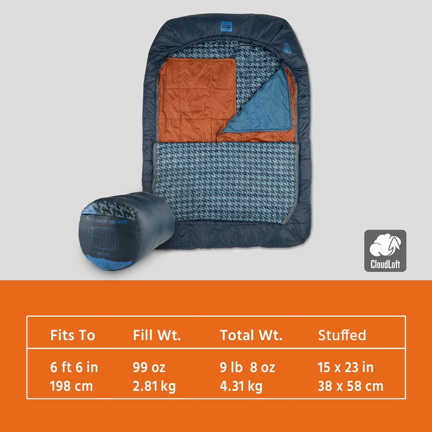 Kelty Tru.Comfort Doublewide 20 Degree Sleeping Bag - 2 Person Synthetic Camping Sleeping Bag for Couples & Family | Warm & Spacious for Backpacking, Hiking & Outdoor Adventures