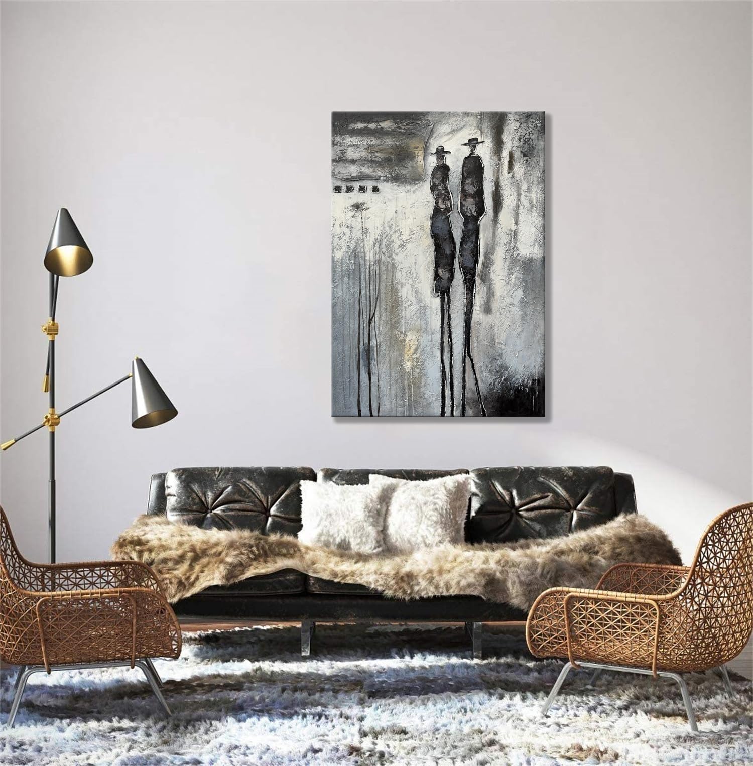 Yao or Miao Hand-Painted Dark Lover in Rain Oil Painting - 28x40 Inches Black & White Abstract Wall Art with Texture - Modern Home & Office Decor for Living Room, Bedroom, or Gallery Display