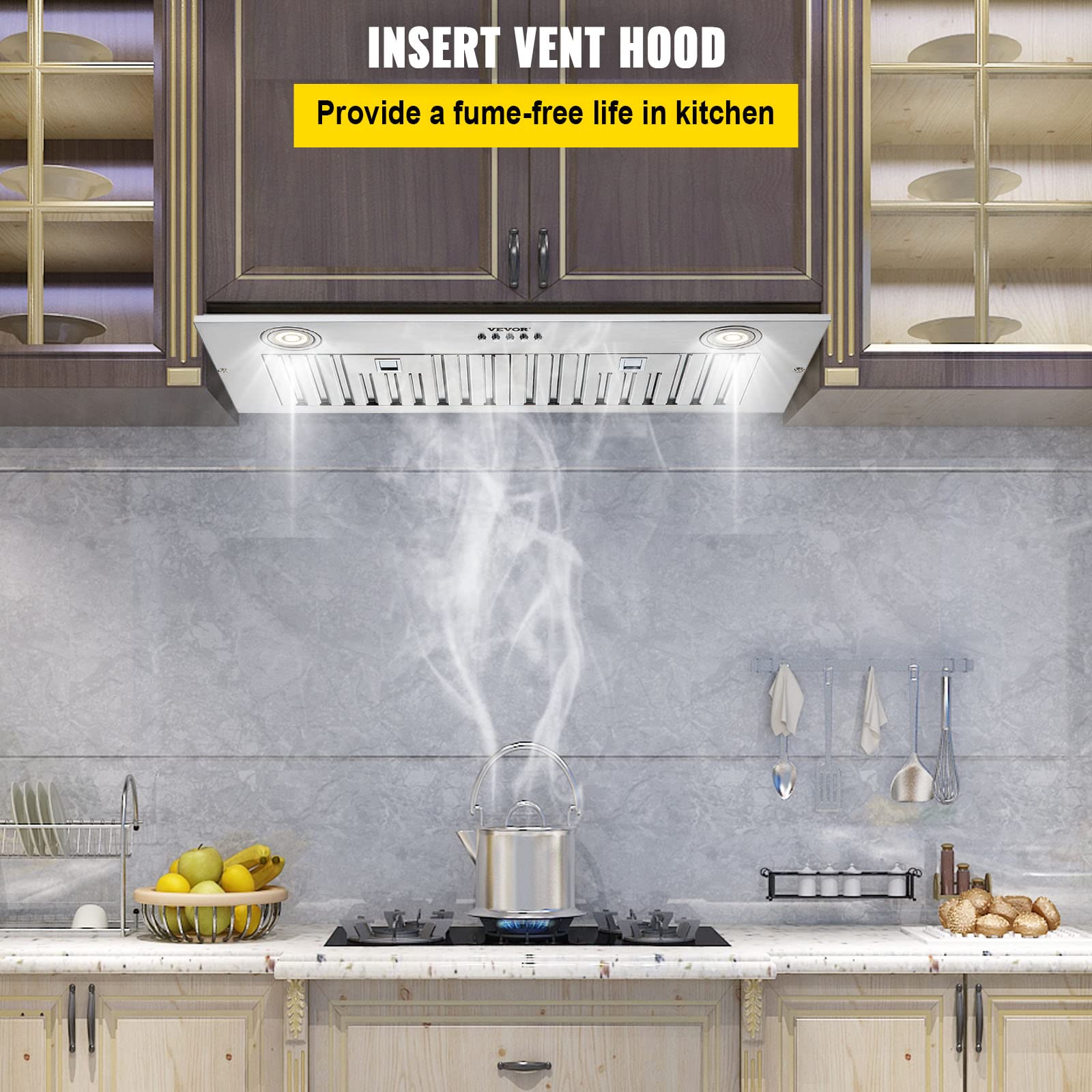 VEVOR 30 Inch 800CFM 3-Speed Stainless Steel Insert Range Hood with LED Lights & Baffle Filters - Ducted/Ductless Convertible, ETL Certified for Kitchen Ventilation | Perfect for Home Chefs & Modern Kitchens