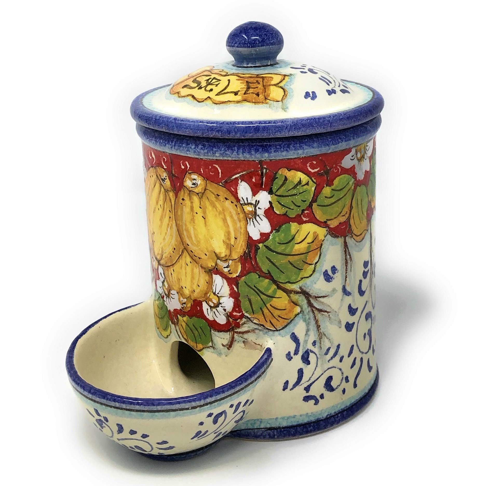 Italian Ceramic Pottery Jar - Hand Painted Lemon Design Salt Holder | Tuscan Art Pottery Made in Italy | Perfect for Kitchen Decor, Dining Table Centerpiece & Gift Idea