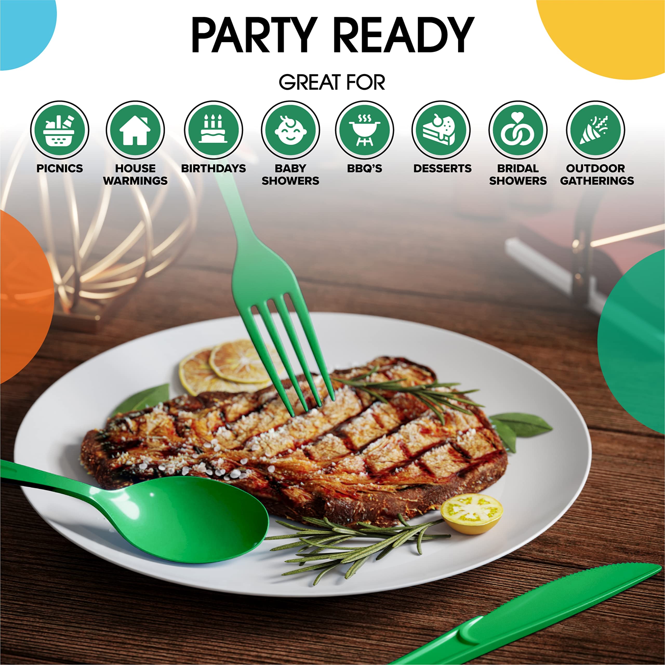50-Pack Heavy Duty Green Plastic Knives - Disposable Cutlery Set for Parties, Picnics & Events | Durable Eco-Friendly Flatware for Outdoor Dining, BBQ, Camping & Catering