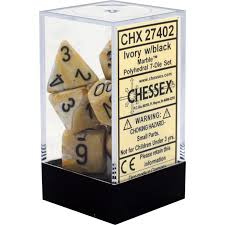 Chessex Polyhedral 7-Dice Set - Marble Ivory with Black Dice for D&D, RPG, and Tabletop Gaming