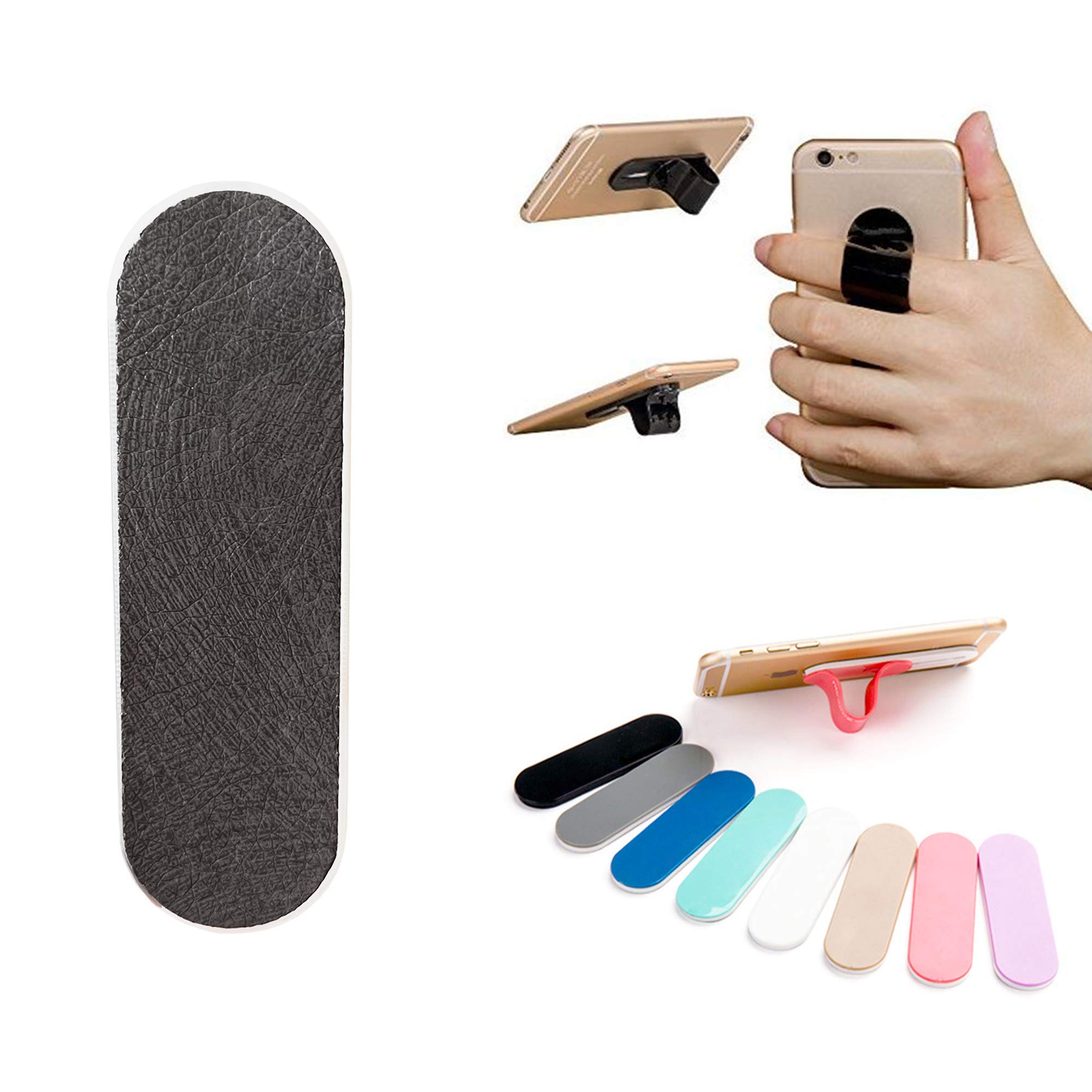 ZOQIZA Universal Phone Grip Holder - Leather Dark Gray Finger Strap Stand with Kickstand | Compatible with All Smartphones | Perfect for One-Hand Use, Selfies, and Video Watching