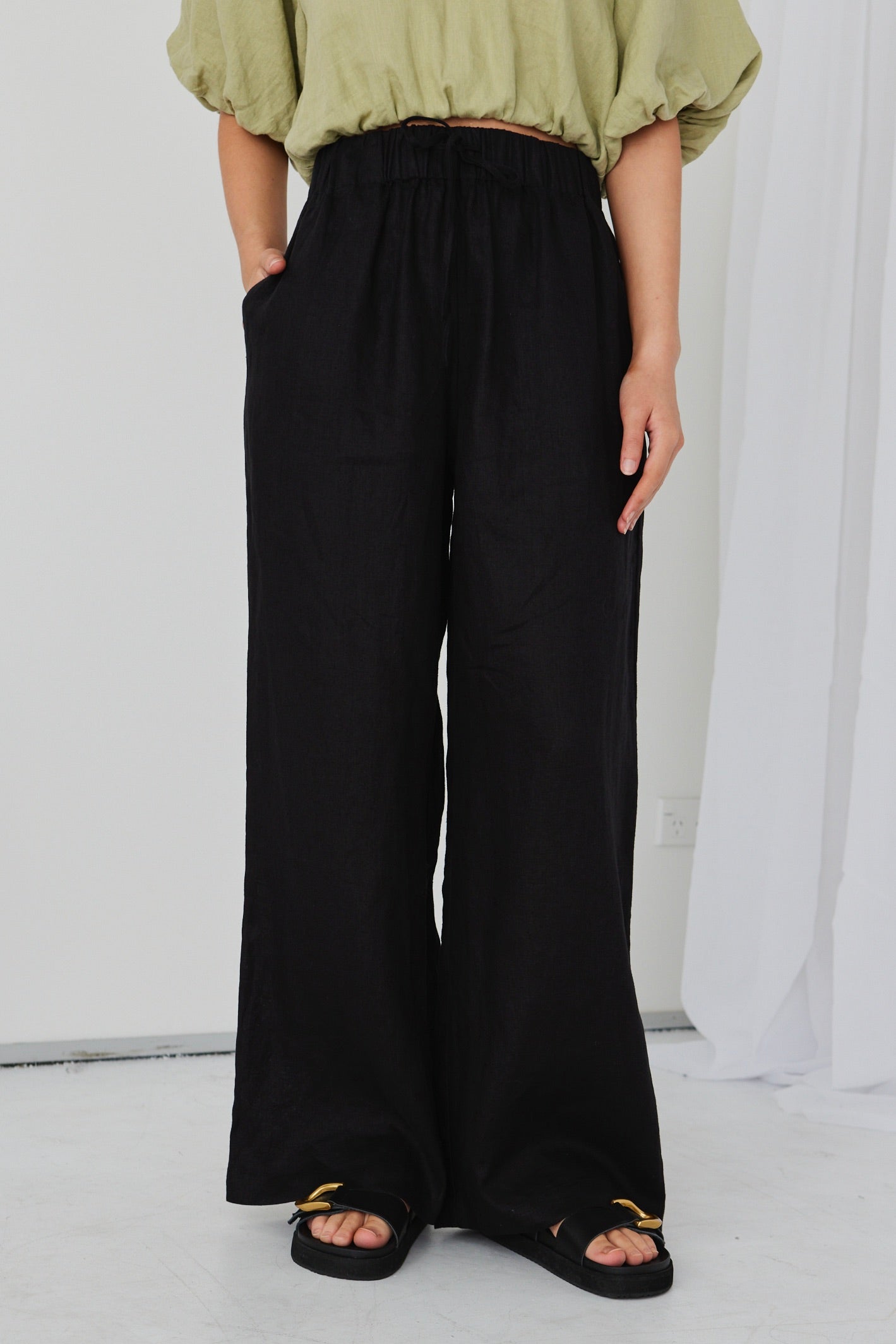 Resort Black Linen Wide Leg Pants with Elastic Waist - Comfortable Summer Beach Pants for Vacation, Travel and Casual Wear