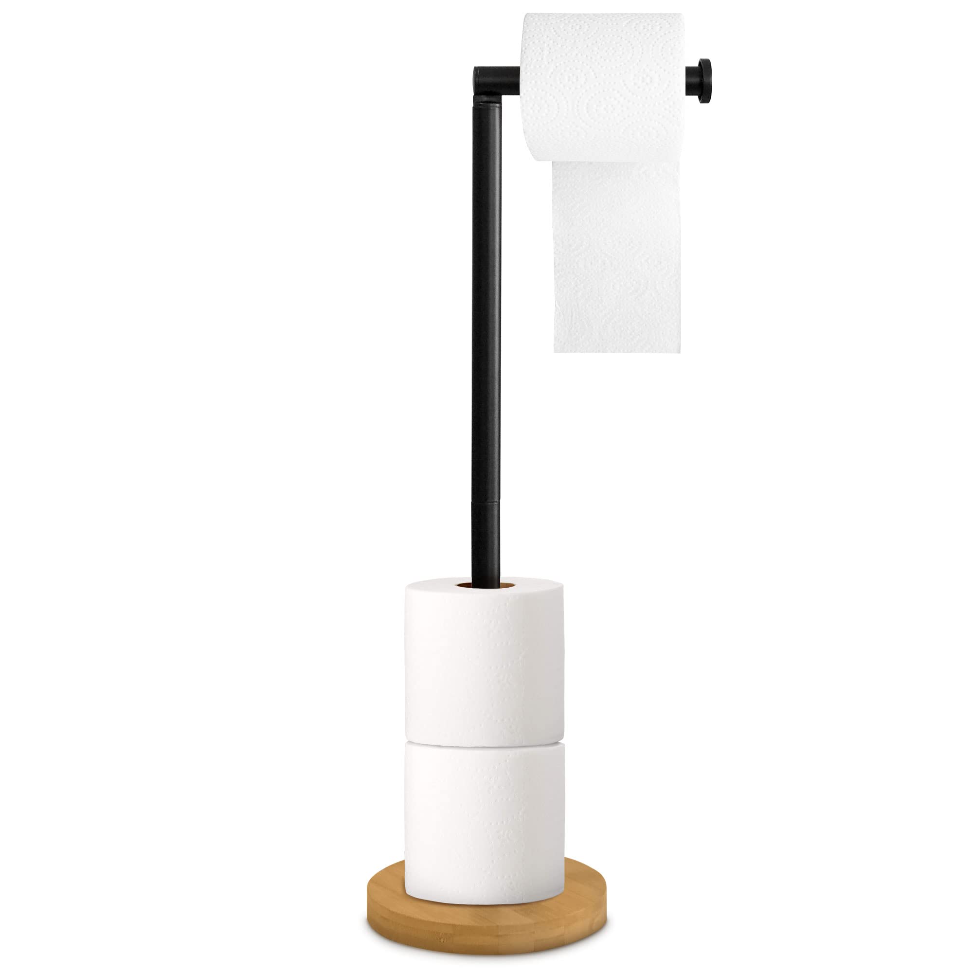 Modern Bamboo Base Free Standing Toilet Paper Holder with Storage - Sturdy Black Metal Stand with Weighted Base - Sleek Decorative Freestanding Bathroom Toilet Roll Holder - Perfect for Home, Office, and Guest Bathrooms