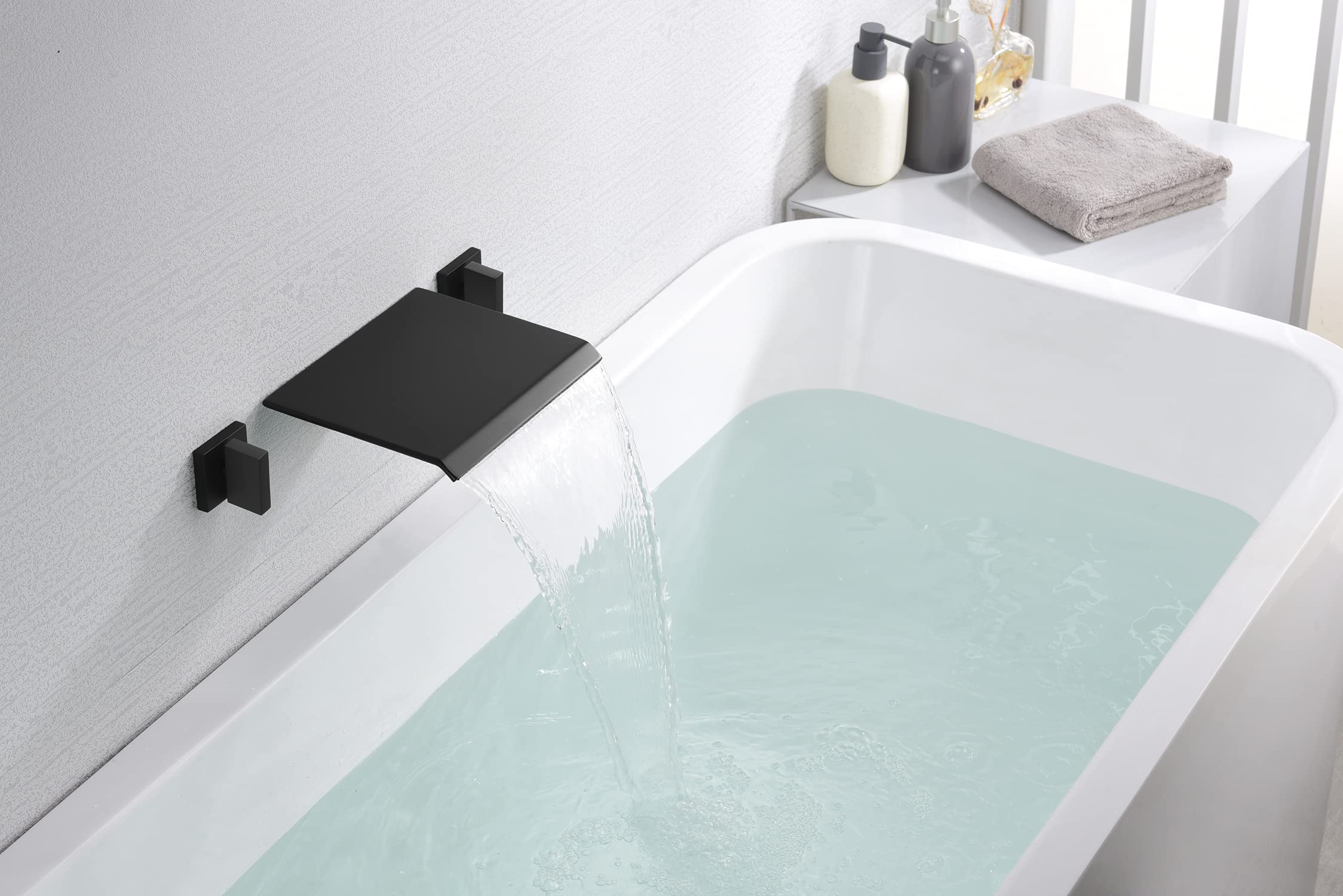 SUMERAIN Matte Black Wall Mount Bathtub Faucet - Waterfall Tub Filler with Two Handles, High Flow Rate - Perfect for Modern Bathroom, Spa, and Luxury Home Decor