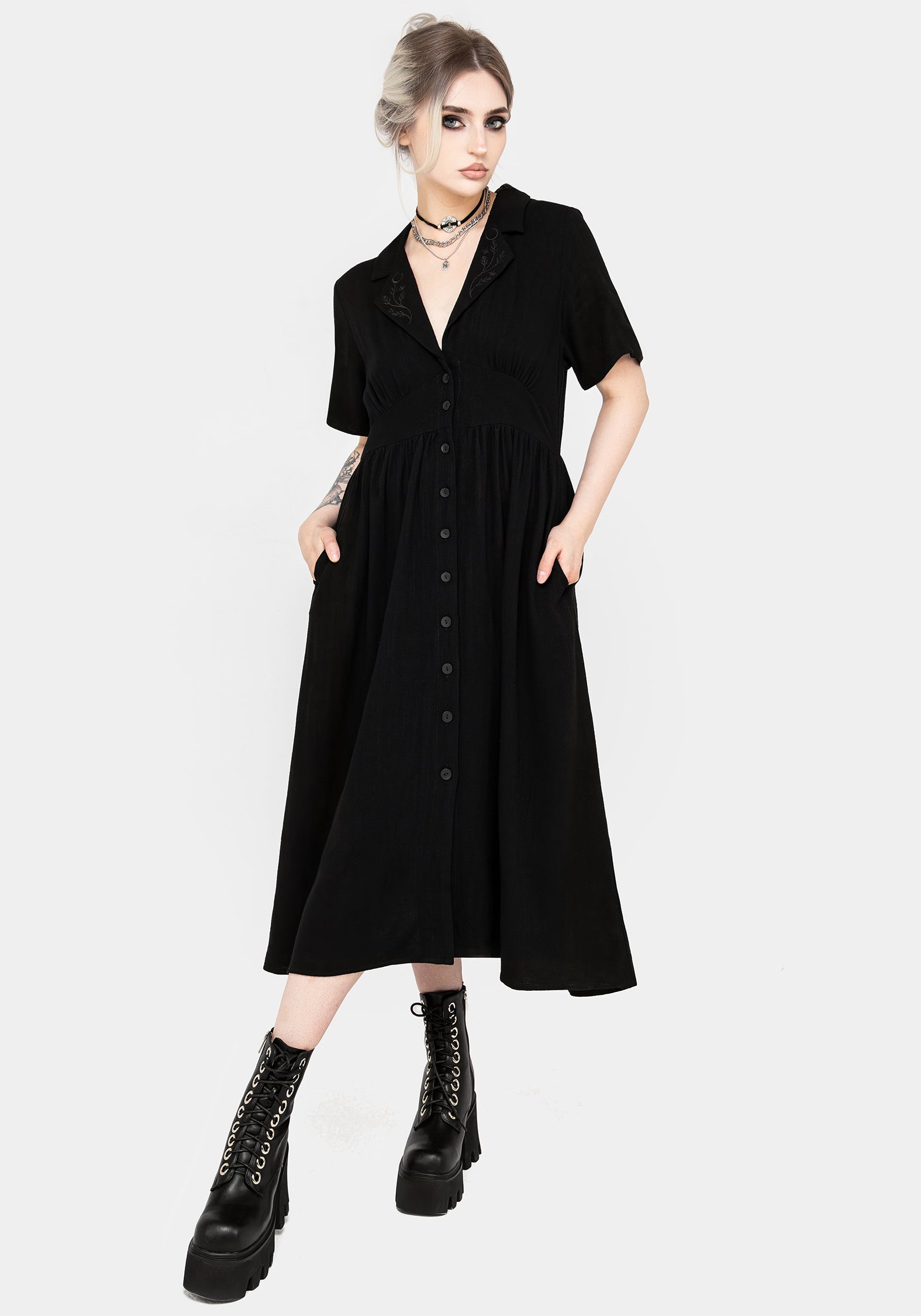 Elegant Jasmine Embroidered Midi Shirt Dress for Women | Floral Summer Casual Wear | Perfect for Office, Date Night & Garden Parties