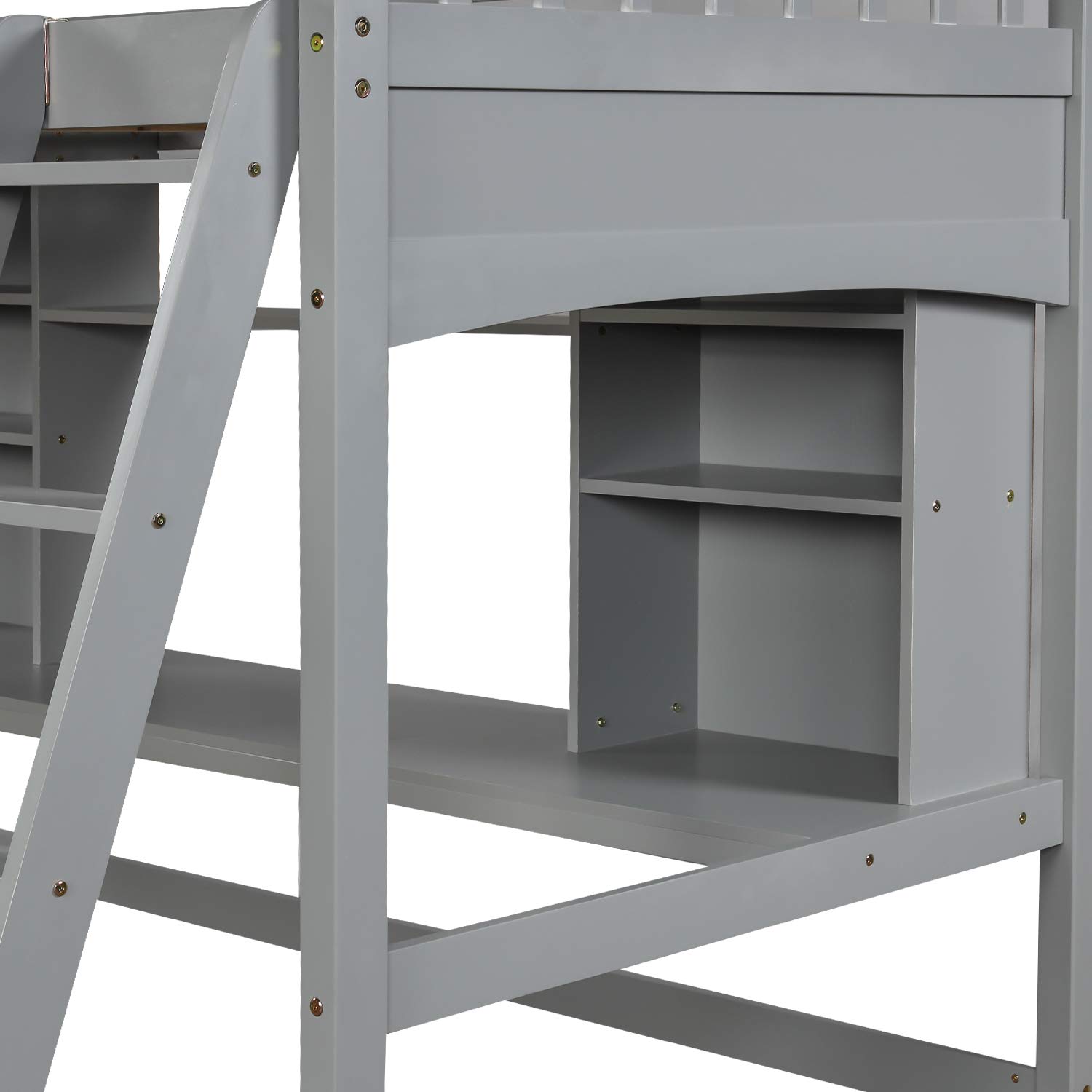 SOFTSEA Twin Size Loft Bed with Desk & Storage - Space Saving Wooden Loft Bed Frame for Kids, Teens & Adults - Includes Reversible Ladder, Guardrails & Shelves - Perfect for Small Bedrooms, Dorms & Studio Apartments (Gray)