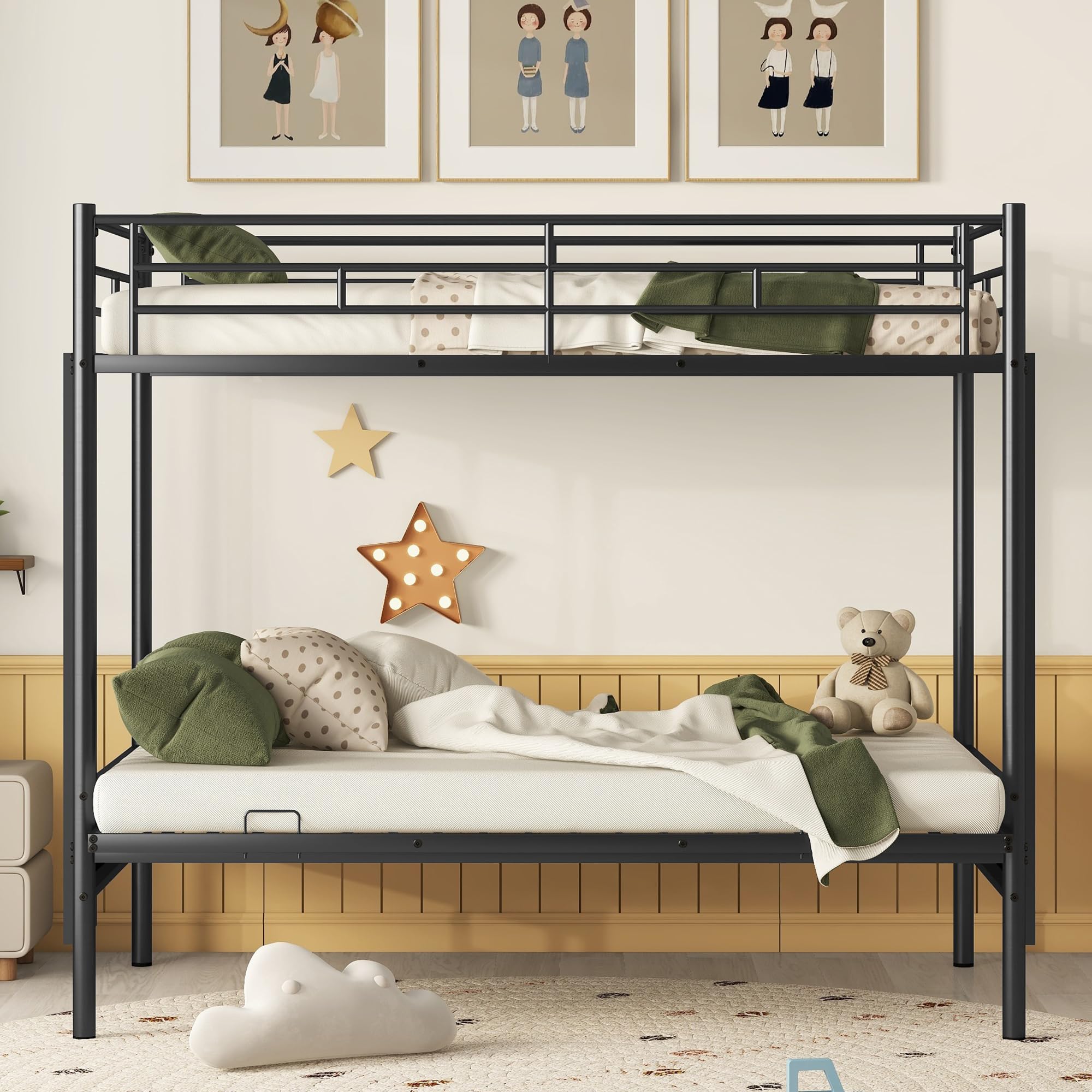 Convertible Twin Over Full Bunk Bed with Sturdy Steel Frame - Metal Bunk Bed & Sofa for Kids, Teens & Adults - Space-Saving Black Bed Frame with Safety Guard Rail & Ladder - Perfect for Small Bedrooms, Guest Rooms & Dormitories