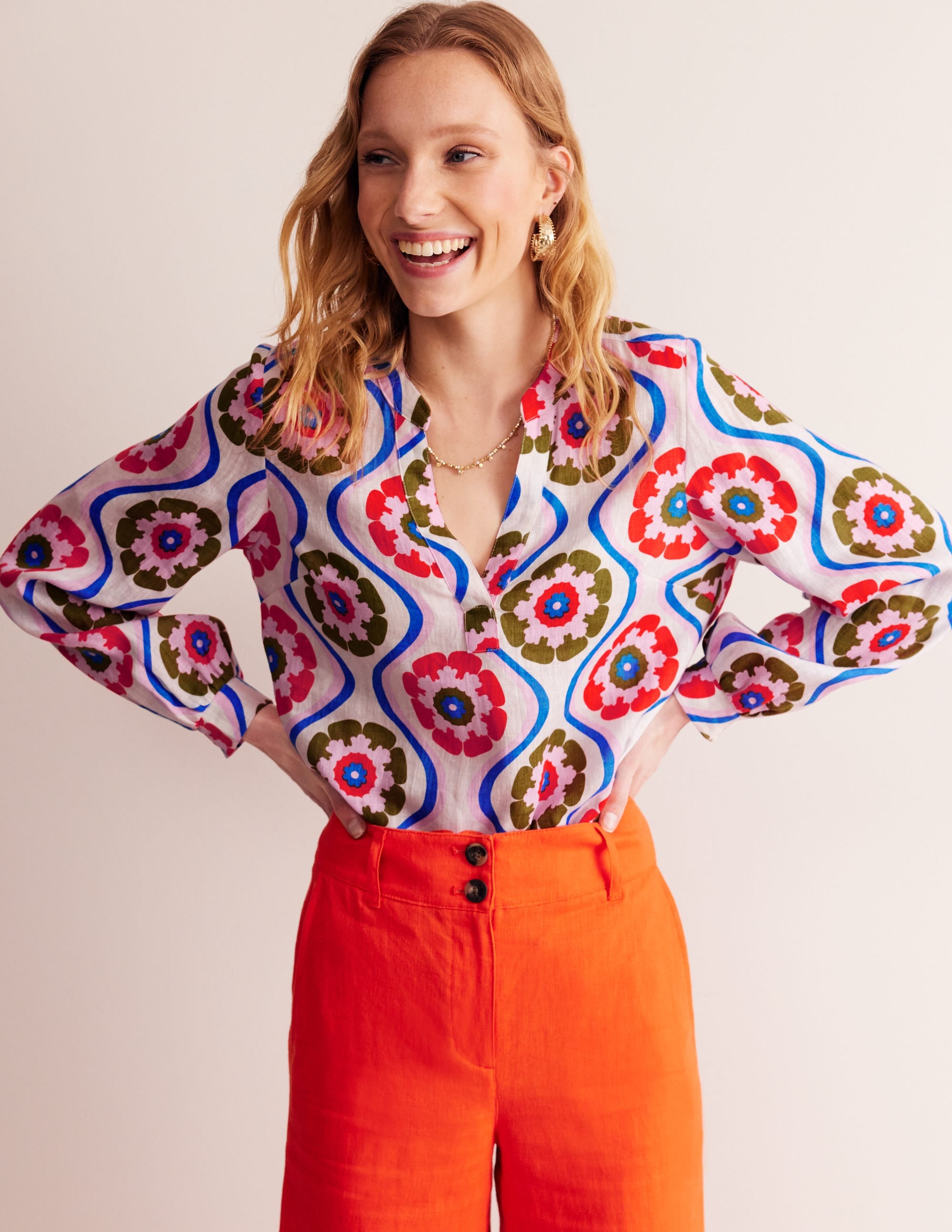 Alice Linen Top Multi, Geo Floret - Women's Floral Print Linen Blouse for Summer, Casual & Office Wear - Perfect for Beach Vacations, Date Nights & Business Meetings