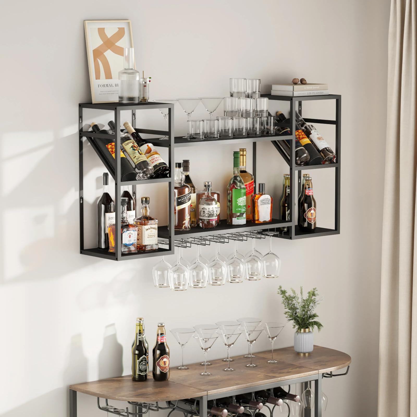 Modern Metal Wall Mounted Wine Rack - Multi-Functional Bar Shelf with Glass Holder for Liquor Bottles - Perfect for Home Bar, Kitchen & Dining Room Organization - Ideal for Wine Storage, Entertaining Guests & Small Space Decor