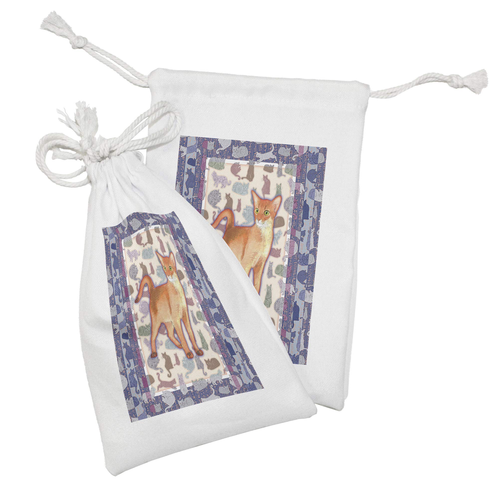 Ambesonne Animal Fabric Pouch Set of 2 - Cat Themed Drawstring Bags with Floral & Tribal Stripes Pattern (9