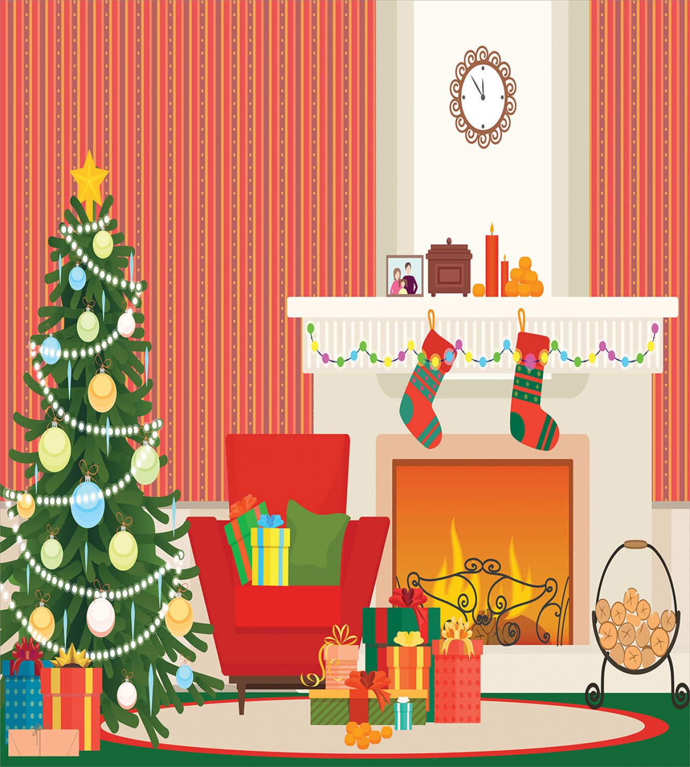 Ambesonne Cartoon Christmas Fireplace Duvet Cover Set - Twin Size 2-Piece Bedding with Pillow Sham - Holiday Tree & Gift Box Design for Living Room Decor - Cozy Winter Bedroom & Guest Room Essentials