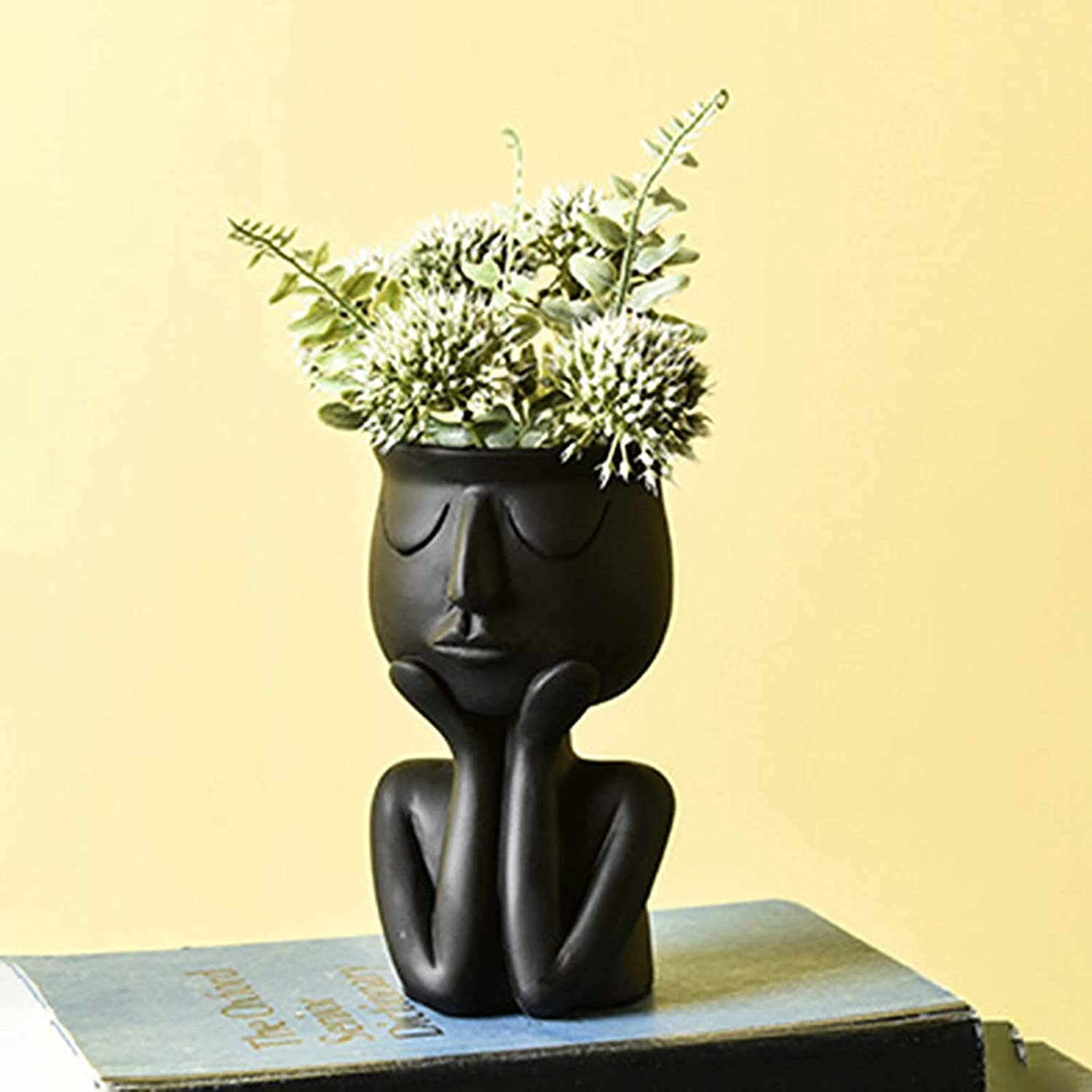 Modern Human Face Design Flower Pots & Planters with Stand - Indoor/Outdoor Decorative Plant Vases for Home Garden, Office Decor (Black)