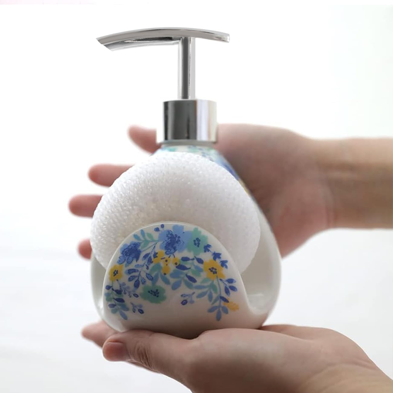 WAYUTO Ceramic Soap Dispenser with Sponge Holder - Elegant Liquid Hand Pump Bottle for Kitchen Sink & Bathroom Decor | Durable Laundry Sanitizer in Blue | Perfect for Home, Office, and Guest Bathroom Organization