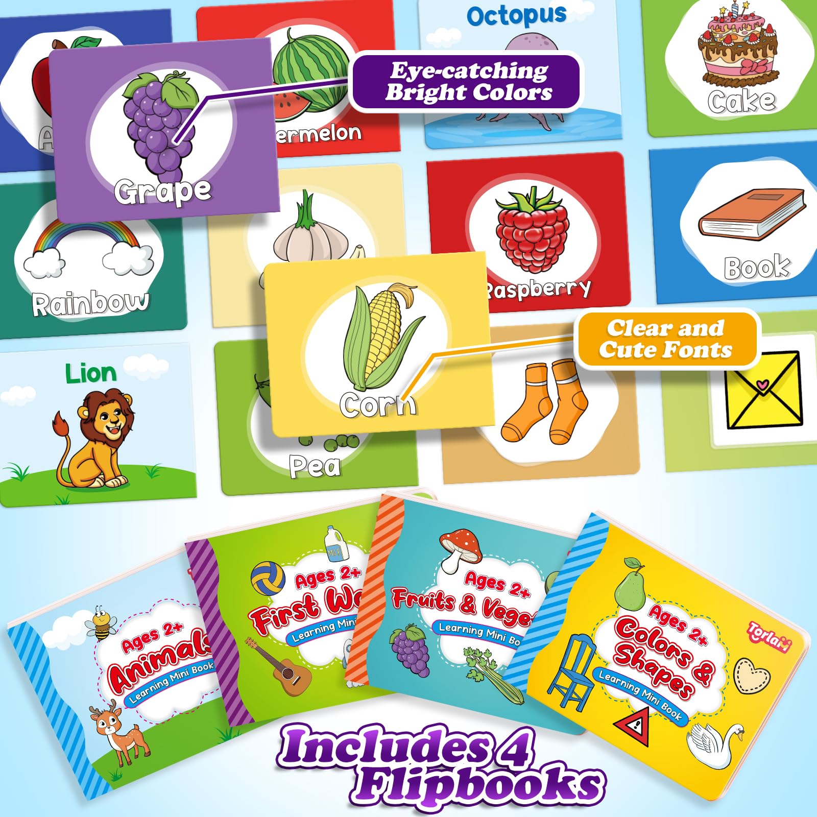 Torlam Toddler Learning Books Set - 4 Mini Board Books for Fruits, Animals, Colors & Shapes - Perfect for Early Childhood Education