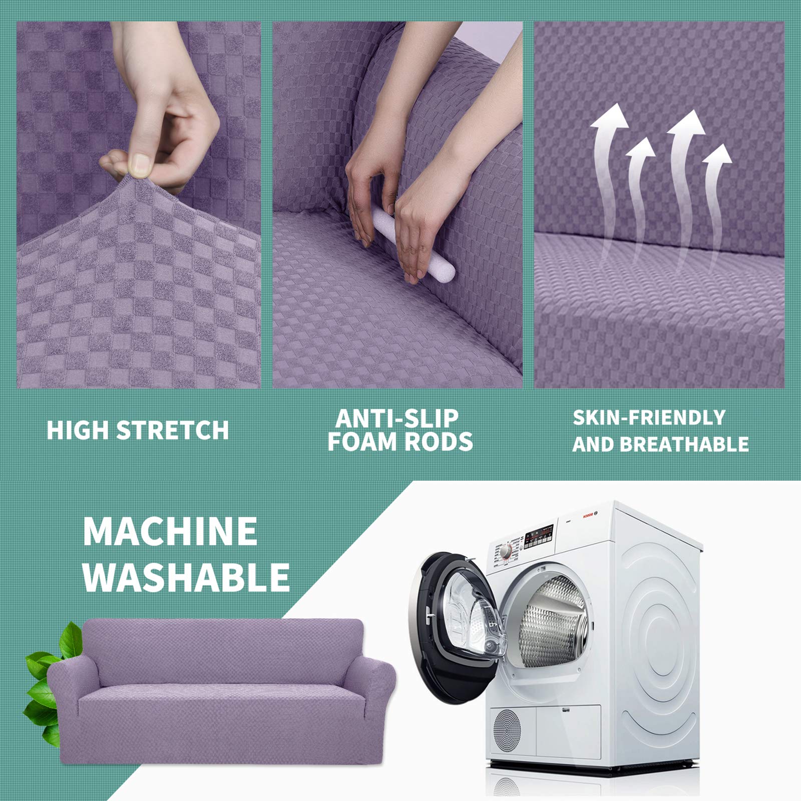 YEMYHOM Jacquard Stretch Sofa Cover for 2-Cushion Couch - Pet Proof, Non-Slip Elastic Loveseat Slipcover Furniture Protector (Medium, Light Purple) - Perfect for Living Room, Apartment & Pet Owners