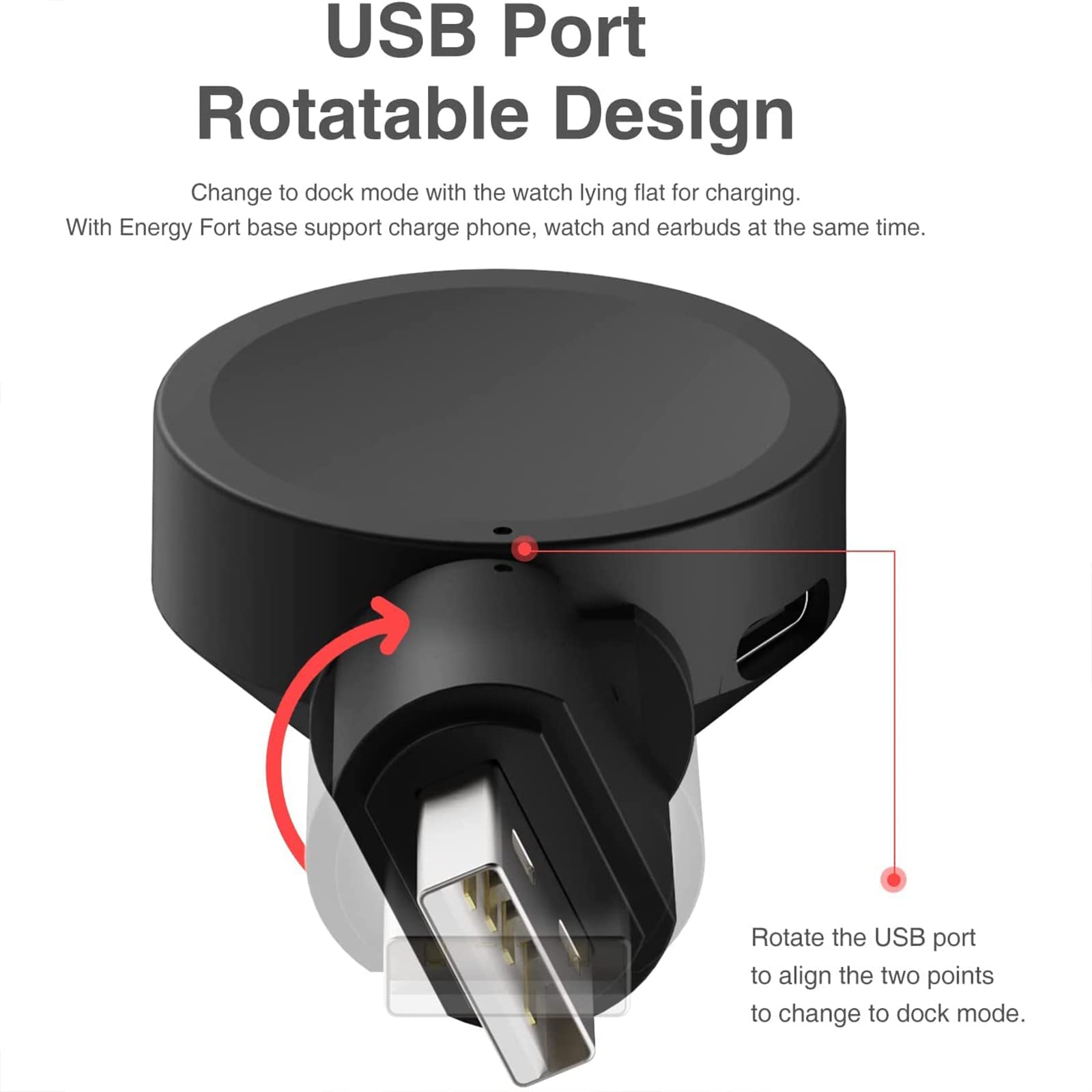 Portable Rotatable Samsung Watch Charger for Galaxy Watch 7/Ultra/6/6 Classic/5/5 Pro/4/4 Classic/3 - Dual USB C & A Ports Travel Charger - Perfect for Gym, Office & Outdoor Activities