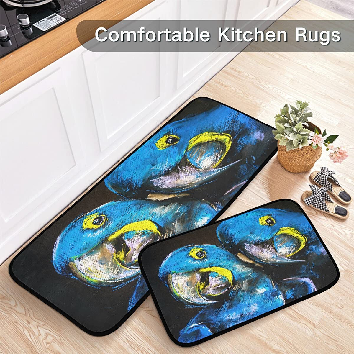 Pastel Blue Parrots Kitchen Rugs and Mats Set - 2 Piece Non-Slip Washable Runner Rug for Kitchen Floor, Home, Sink, Laundry & Office - Perfect for High Traffic Areas & Pet-Friendly Homes