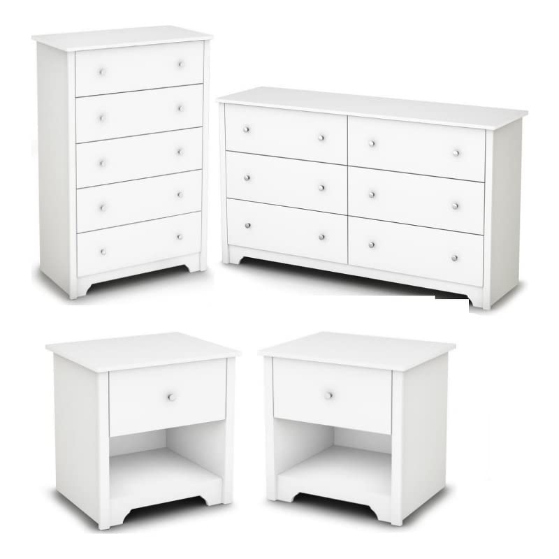 Modern 4-Piece Bedroom Furniture Set - 6-Drawer Dresser, 5-Drawer Chest, 2 Nightstands with Storage - White | Complete Bedroom Solution for Master Bedroom, Guest Room & Small Spaces