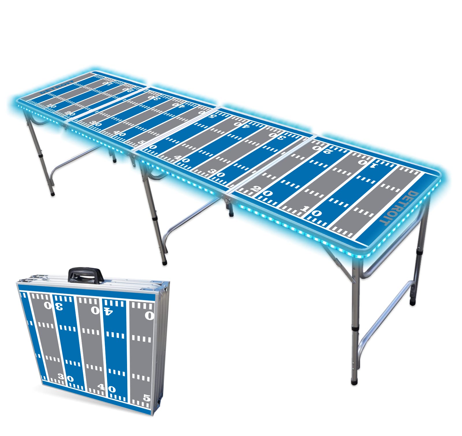 8-Foot Folding Portable Beer Pong Table with Optional Cup Holes & LED Lights - Detroit Football Field Design (Choose Your Model) - Perfect for Parties, Tailgates & Outdoor Games
