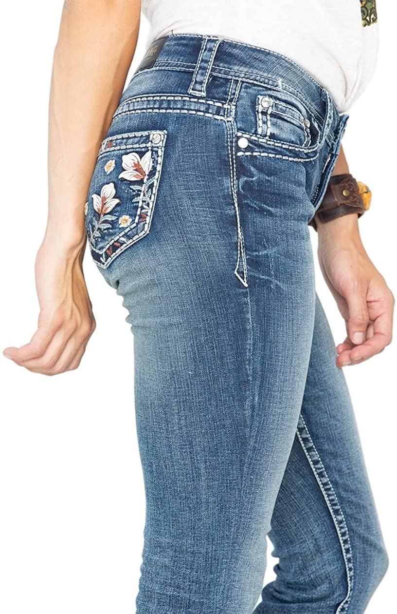 Vintage Washed Mid-Rise Slim Stretch Bootcut Jeans for Women - Curvy Fit with Embroidery Denim - Perfect for Casual Wear, Date Nights & Boho Style Outfits