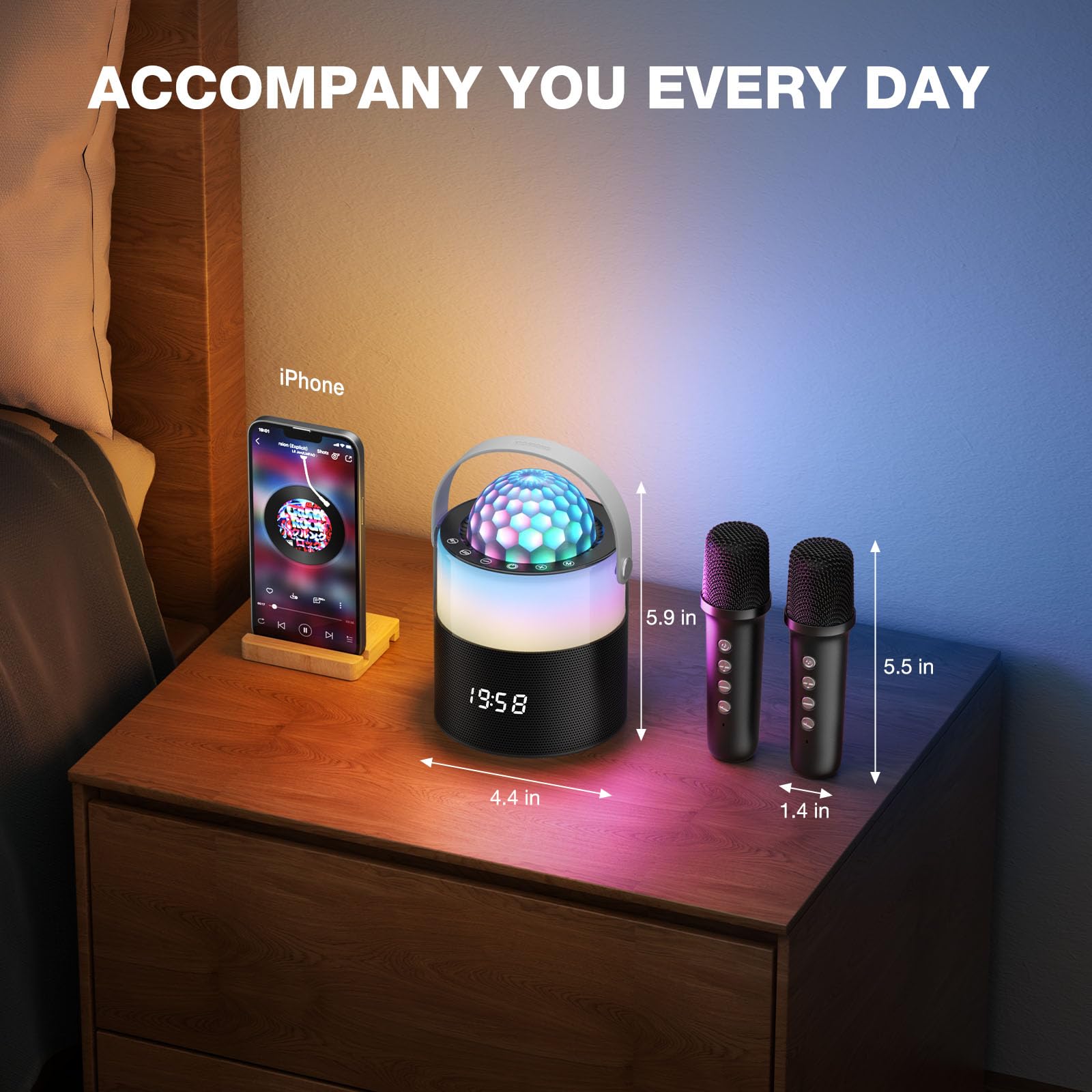 Portable Bluetooth Karaoke Machine with 2 Wireless Microphones - Mini Singing Speaker with Disco LED Lights for Kids & Adults - Perfect for Home Parties, Travel, Birthday Gifts (Black)