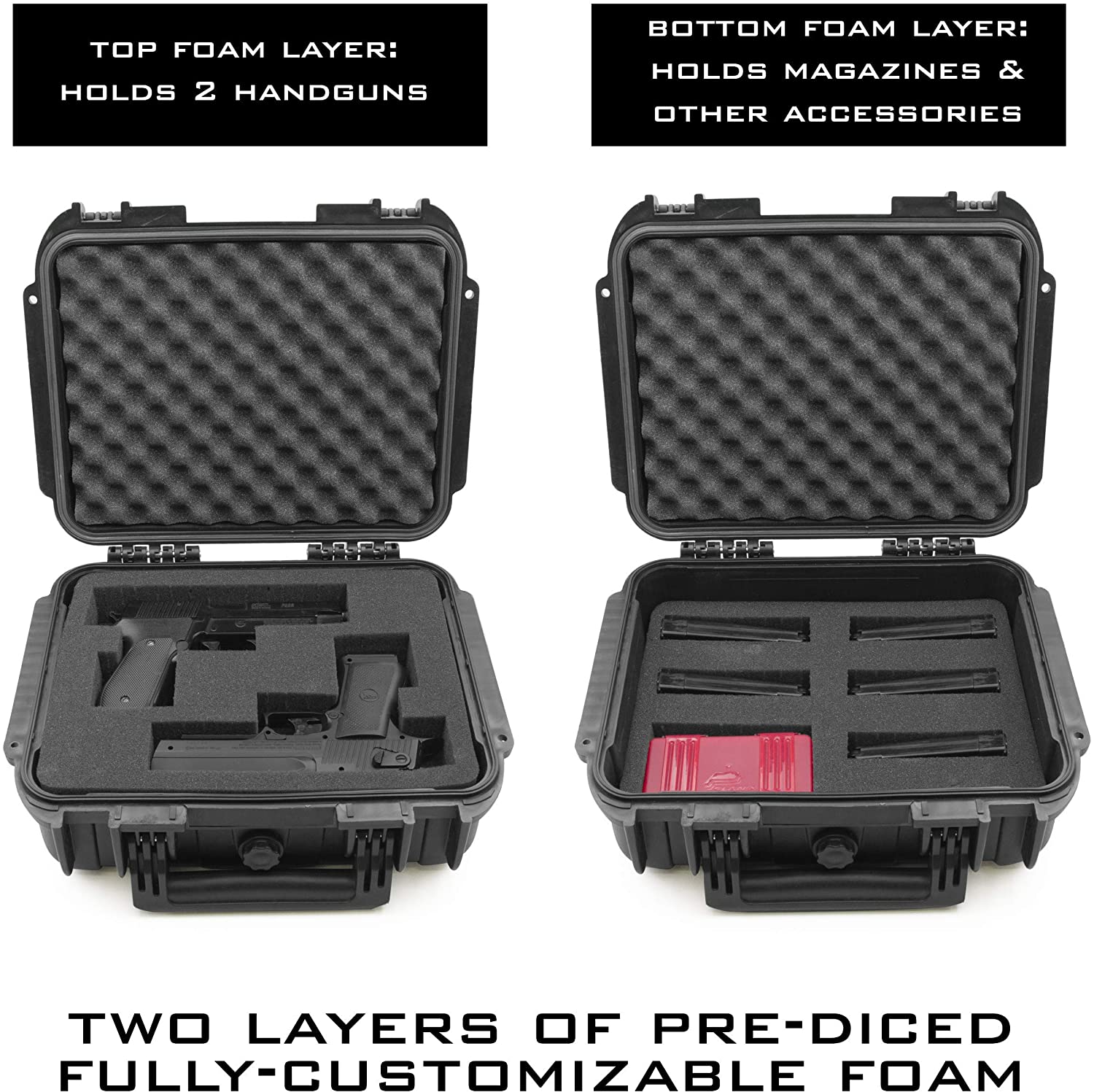 CASEMATIX 14 Two Gun Hard Case for 2 Handguns - Waterproof & Shockproof Pistol Case with Accessory Storage | Perfect for Range, Travel & Secure Firearm Transport
