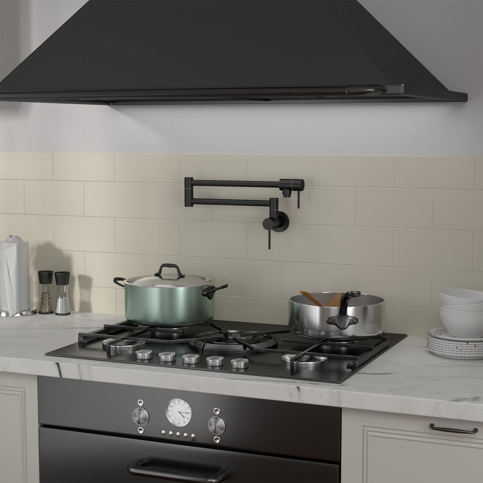 Stainless Steel Wall Mounted Pot Filler Faucet - Matte Black Folding Single Hole Two Handle Kitchen Sink Faucet for Stove & Cooking Area | Perfect for Home Chefs & Professional Kitchens