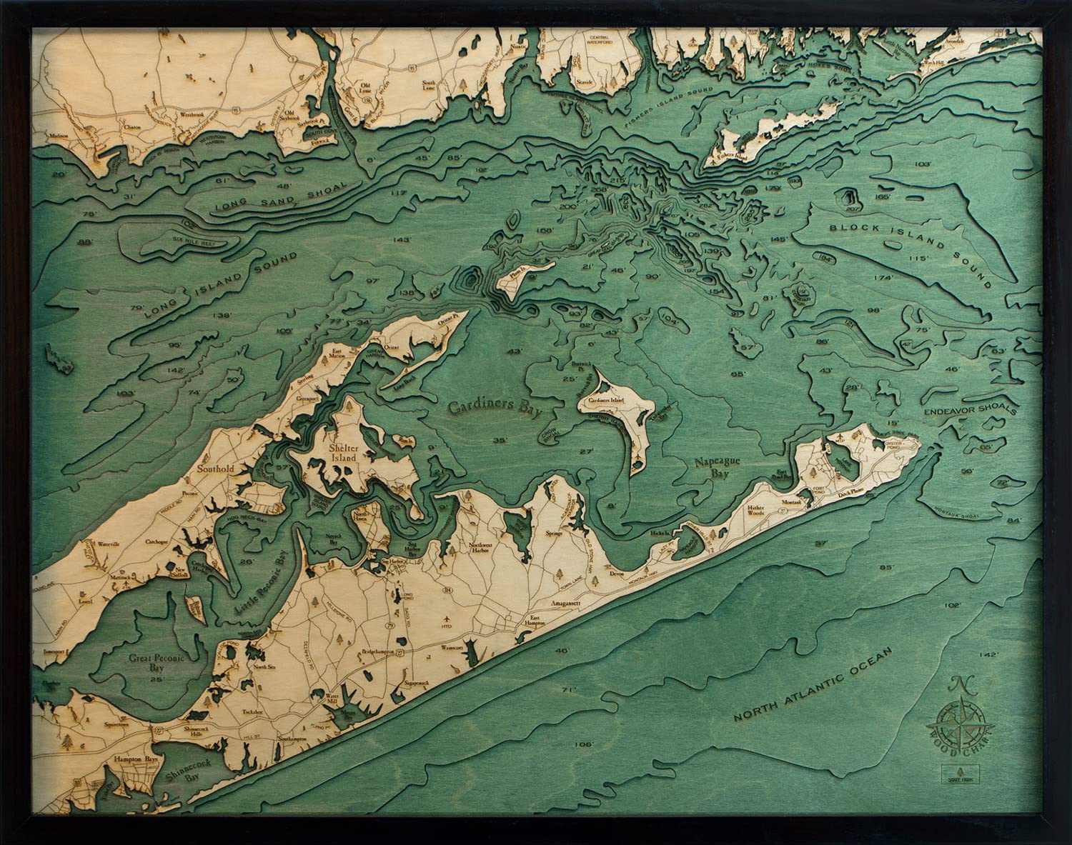 3D Nautical Wood Chart of Long Island Sound & The Hamptons - 24.5
