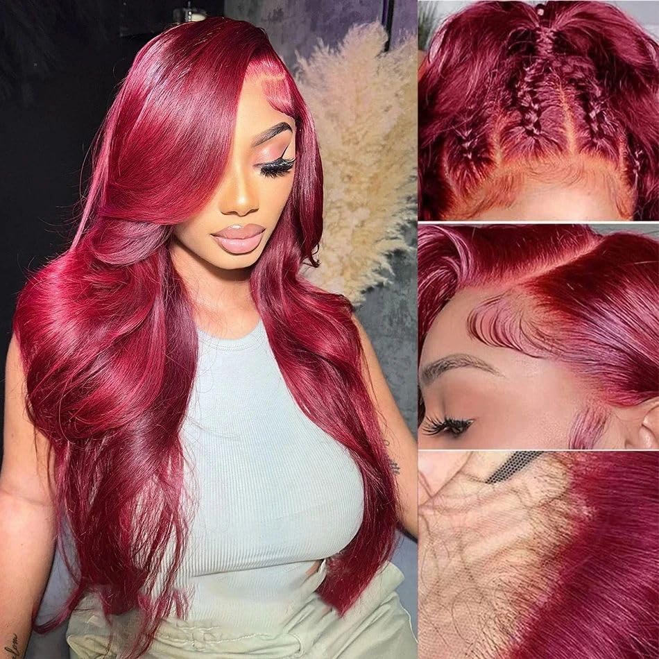 Burgundy 13x4 Lace Front Wig Human Hair 99J Colored Body Wave 180% Density Glueless HD Lace Frontal with Baby Hair - 28 Inch Pre-Plucked Wigs for Women | Perfect for Cosplay, Daily Wear & Special Occasions