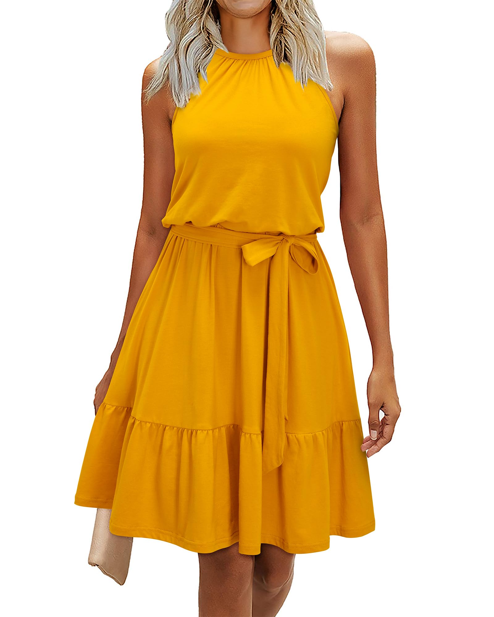 Newshows Women's 2025 Summer Dresses - Halter Neck Casual Sundress with Belt & Pockets for Beach, Vacation, Wedding Guest & Outdoor Parties | Flowy Boho Chic Dress for Women