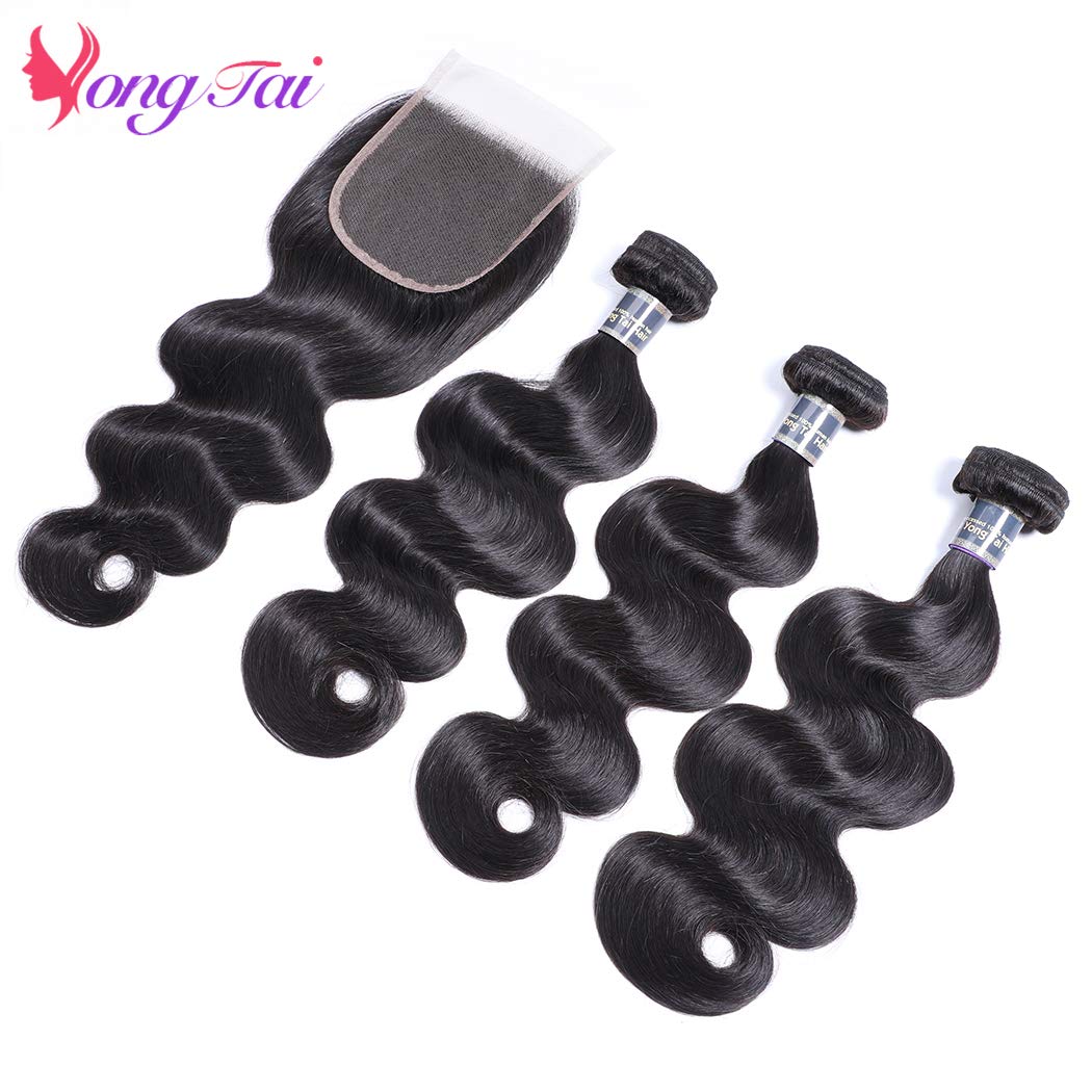 100% Unprocessed Brazilian Body Wave Virgin Hair Bundles (10 12 14+8, 1B) with 5x5 Lace Closure - Natural Human Hair Weft for Extensions & Weaves | Perfect for Daily Wear, Special Occasions & Salon Styling