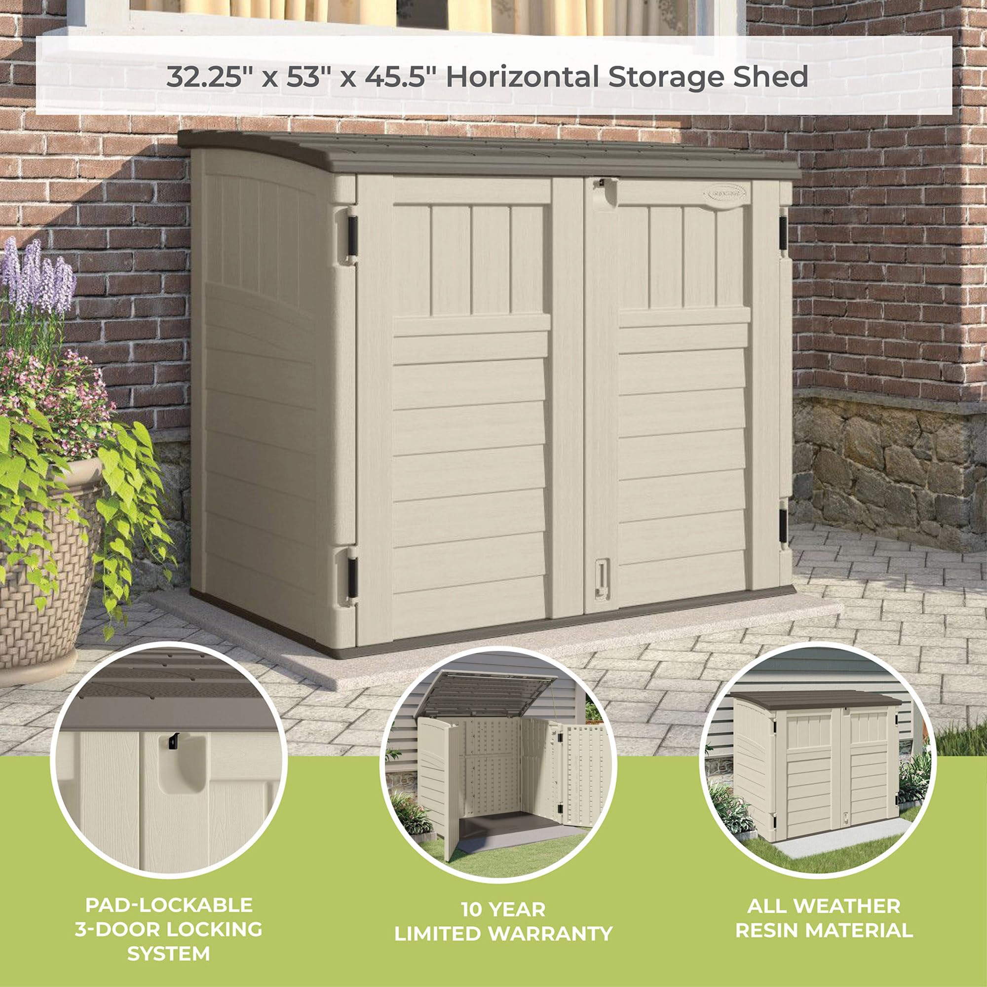 Suncast 34 Cu Ft Horizontal Outdoor Storage Shed - Weatherproof Vanilla Cabinet for Garbage Cans, Garden Tools, Lawn Equipment & Patio Furniture | Perfect for Backyard Organization, Garage Storage & Home Improvement Projects