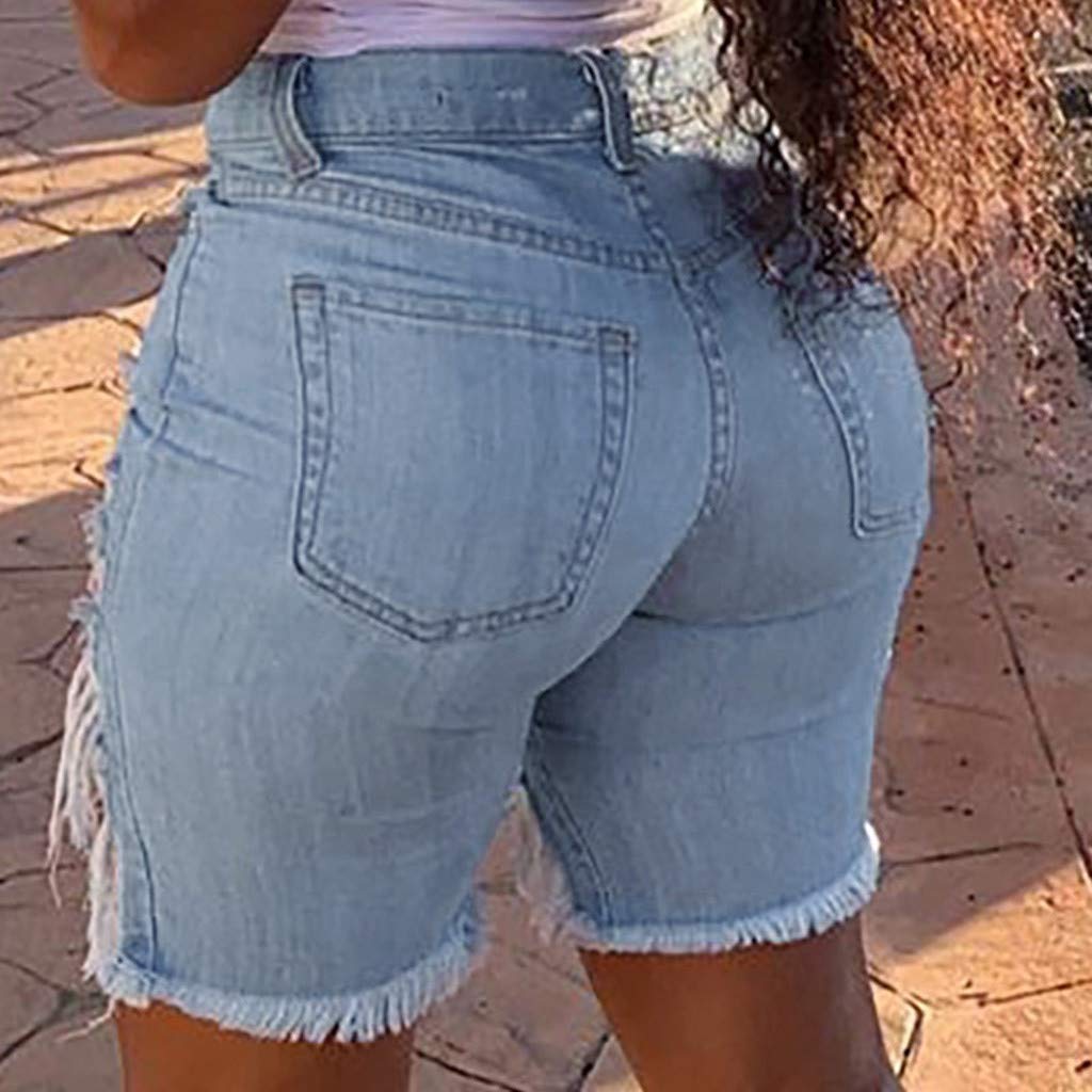 POLLYANNA KEONG Women's Distressed Denim Shorts - Mid Rise Ripped Jeans with Raw Frayed Hem | Casual Summer Outfits, Beach Wear & Street Style Fashion