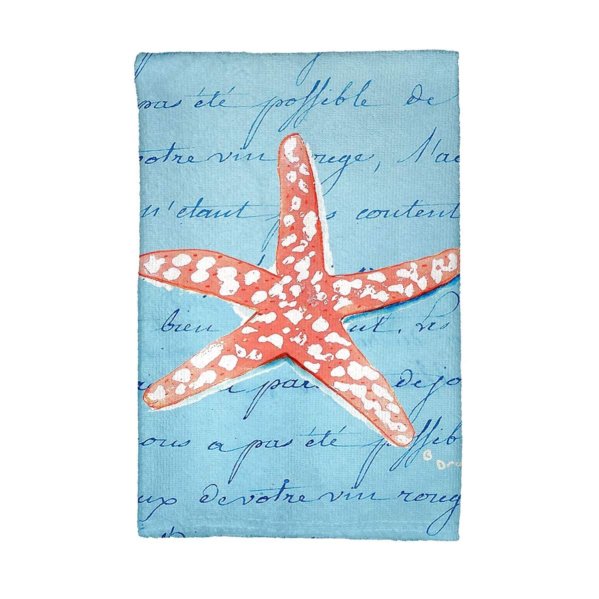Betsy Drake KT091B Coral Starfish Blue Script Kitchen Towel - Absorbent Cotton Dish Towel for Drying Dishes, Cleaning Countertops & Coastal Beach House Decor